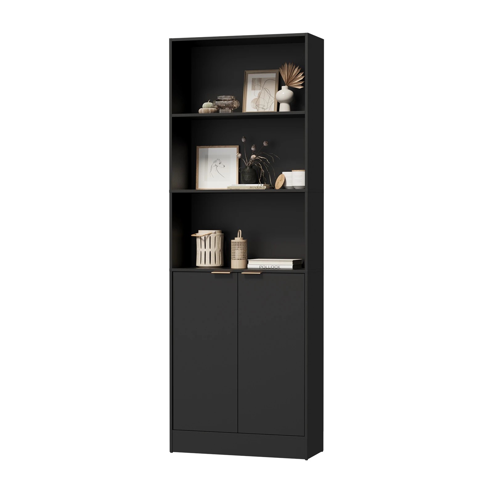 1 Oikiture Tall Bookcase Display Shelf 2 Door Adjustable Storage Cabinet - Black, 1 of 8