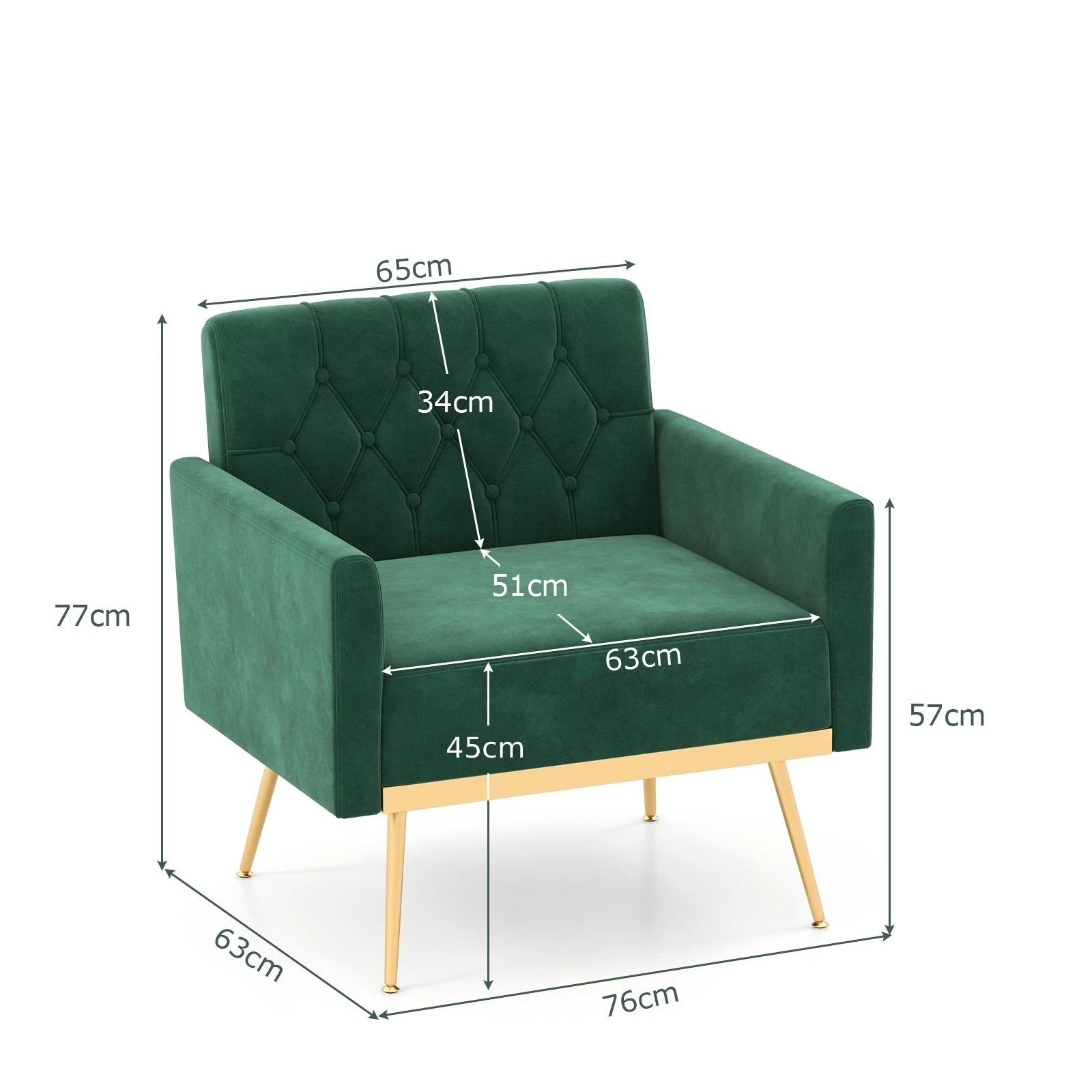 5 Costway Modern Accent Armchair Velvet Sofa Chair w/Button Tufted Back & Golden Metal Legs - Green, 5 of 5