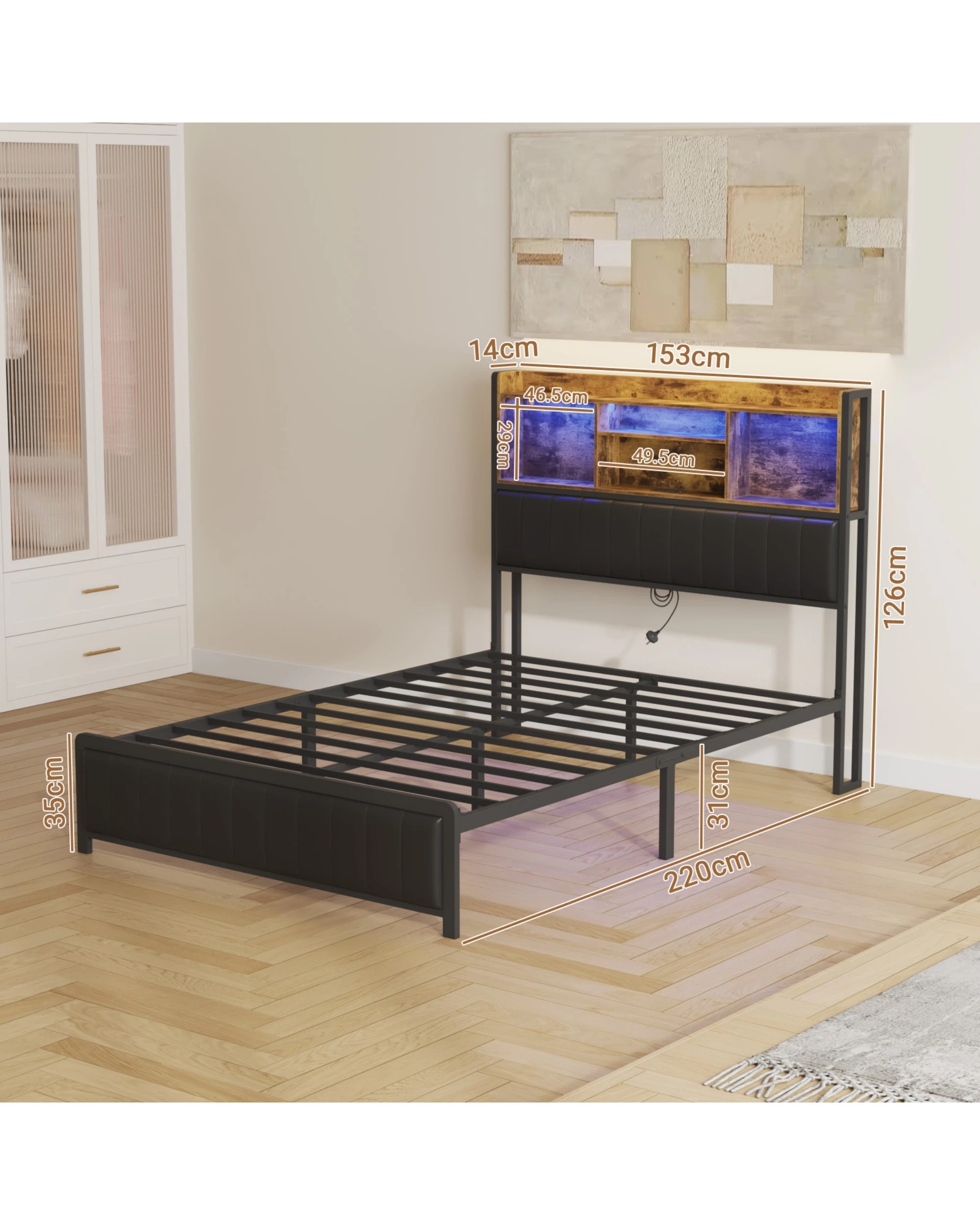 3 Advwin Queen Bed Frame With Charging Station & Led Storage Bookcase, 3 of 6