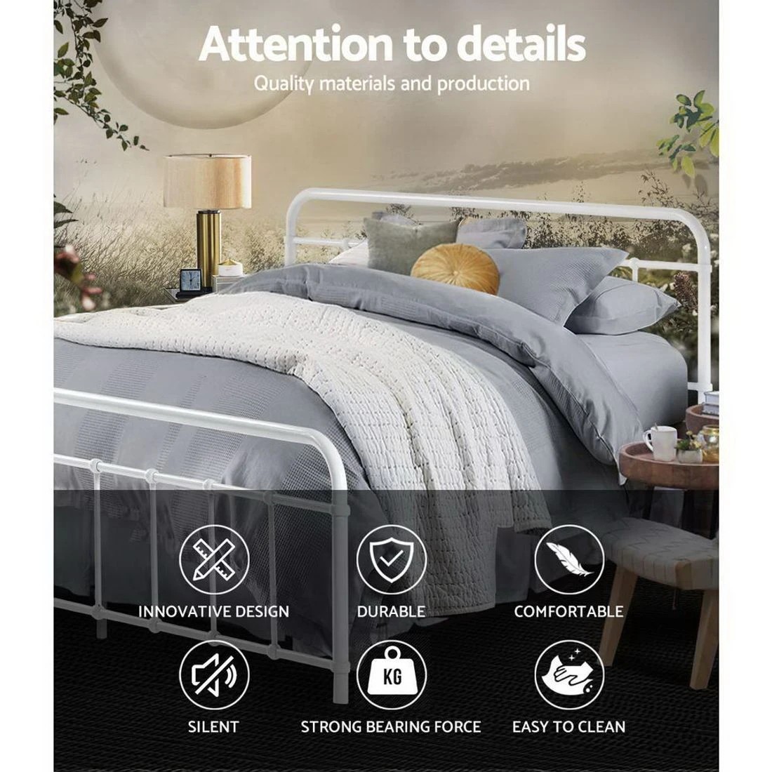 5 Artiss Bed Frame Metal Frames LEO - Queen - White, 5 of 7