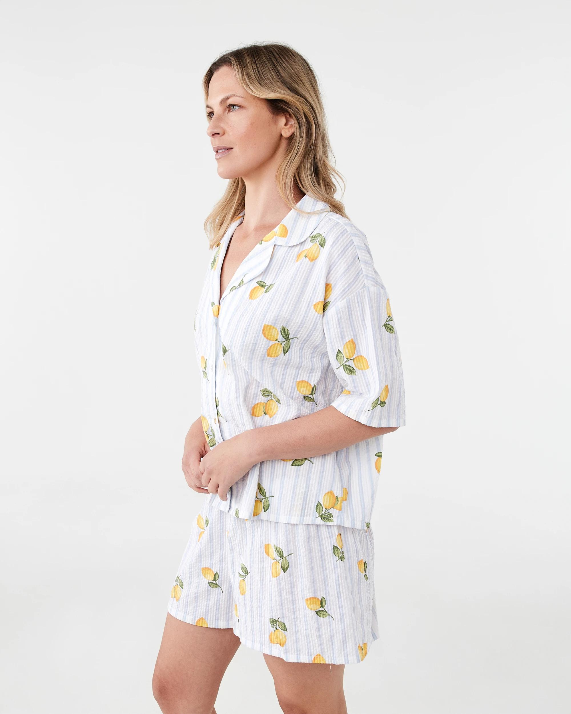2 Cotton Seersucker Short Sleeve and Shorts Pyjama Set Lemon Strp, 2 of 8