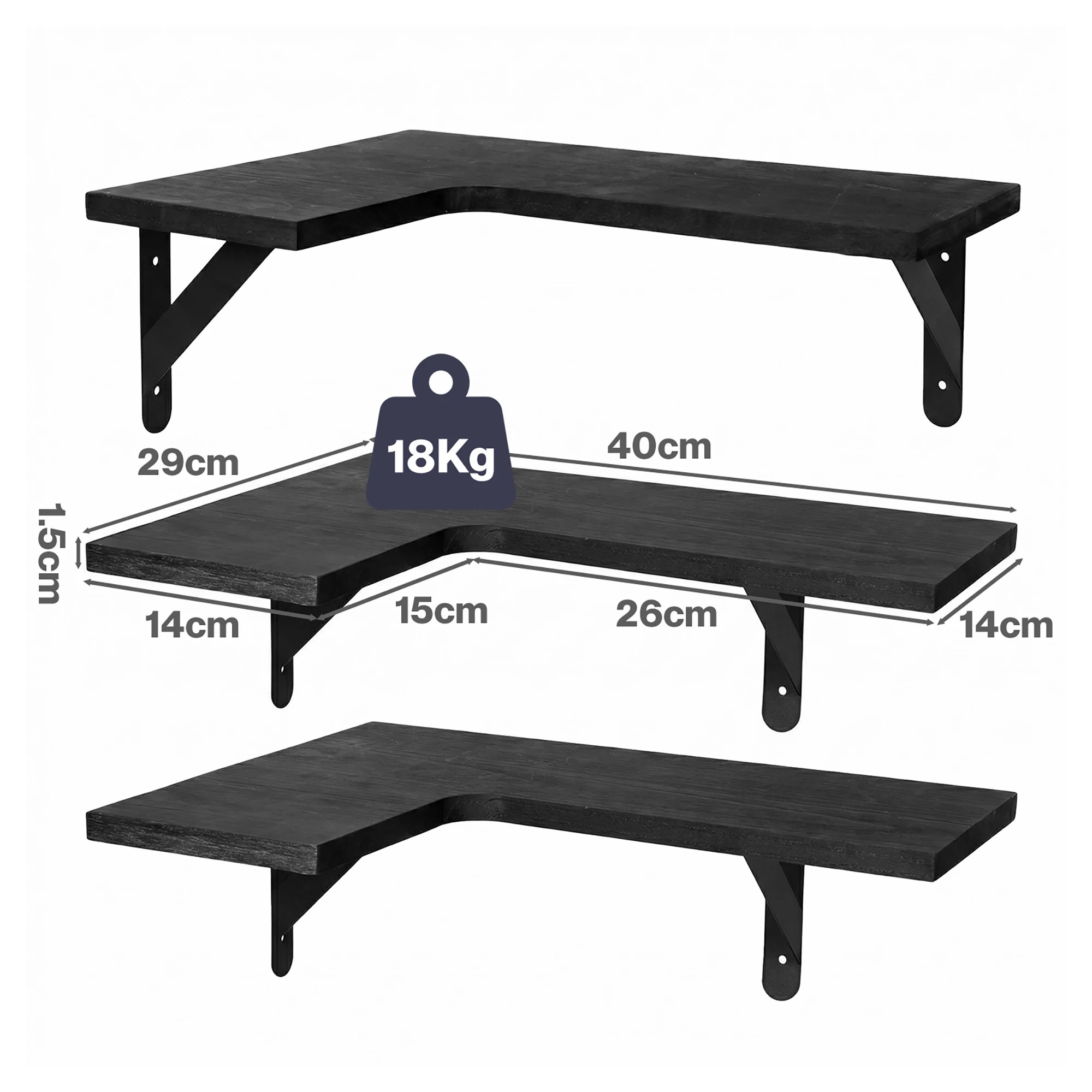 3 Levede Wooden Corner Floating Shelves Wall Mounted 3 Sets - Black - Black, 3 of 5