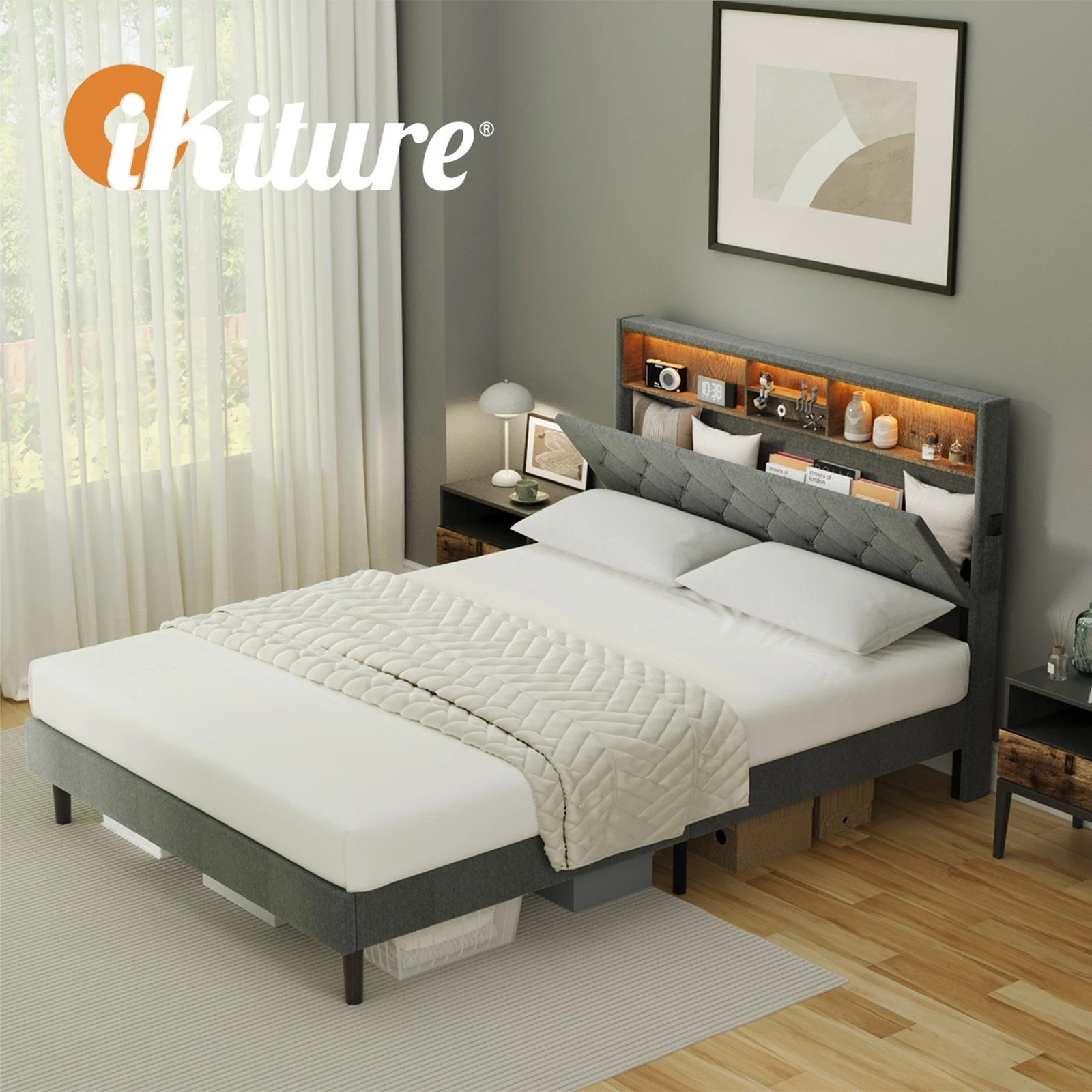 7 Oikiture Queen Bed With Led Storage Bedhead Bed Frame
 - Grey, 7 of 10