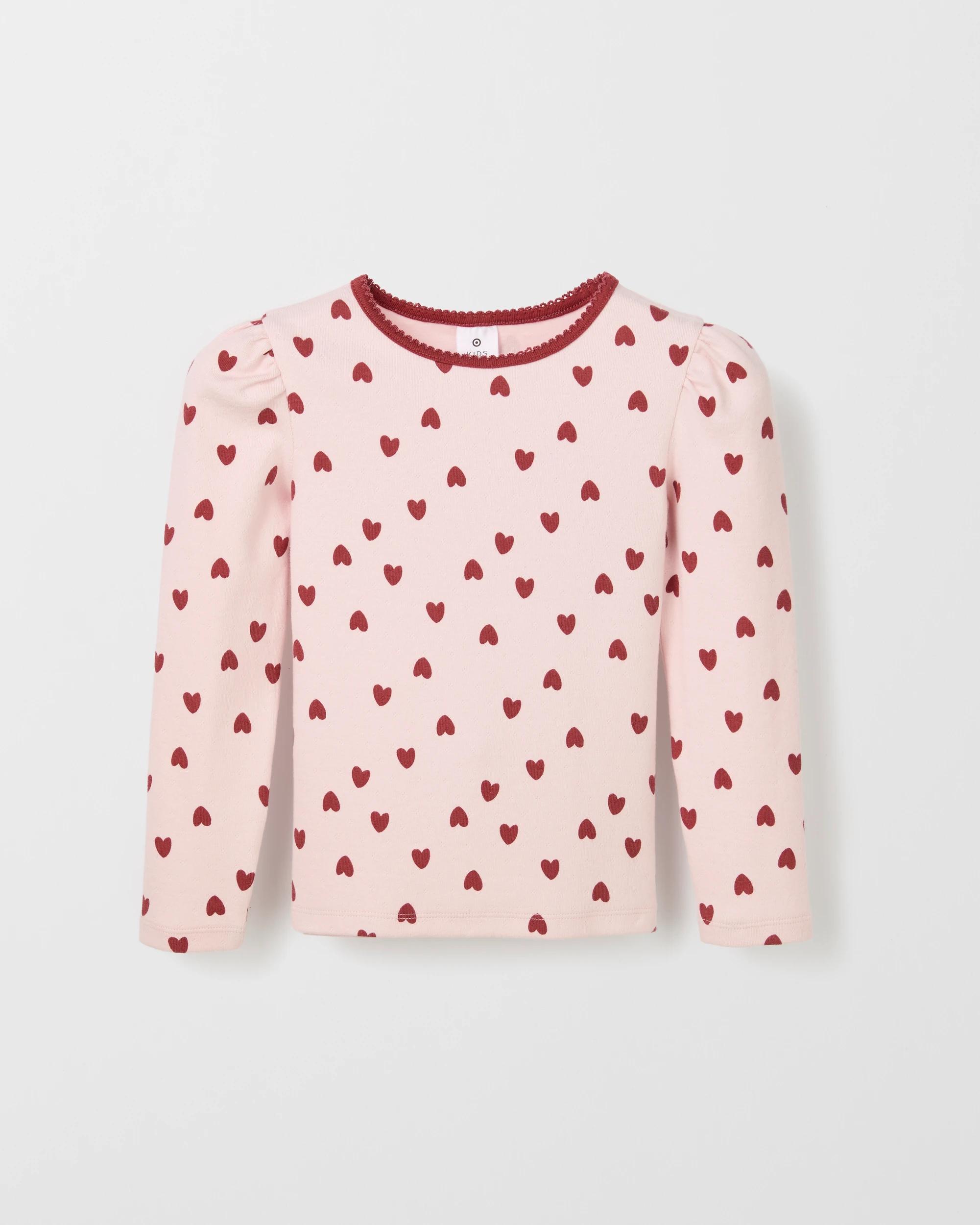 1 Target Kids Australian Cotton Long Sleeve Pointelle Top PINK HEART AOP, 1 of 1