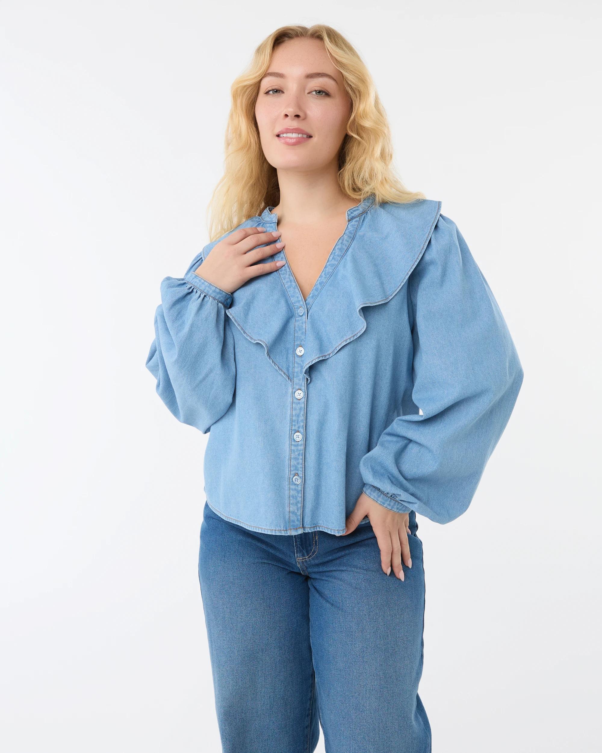 1 Long Sleeve Chambray Frill Button Through Top Light Wash, 1 of 7