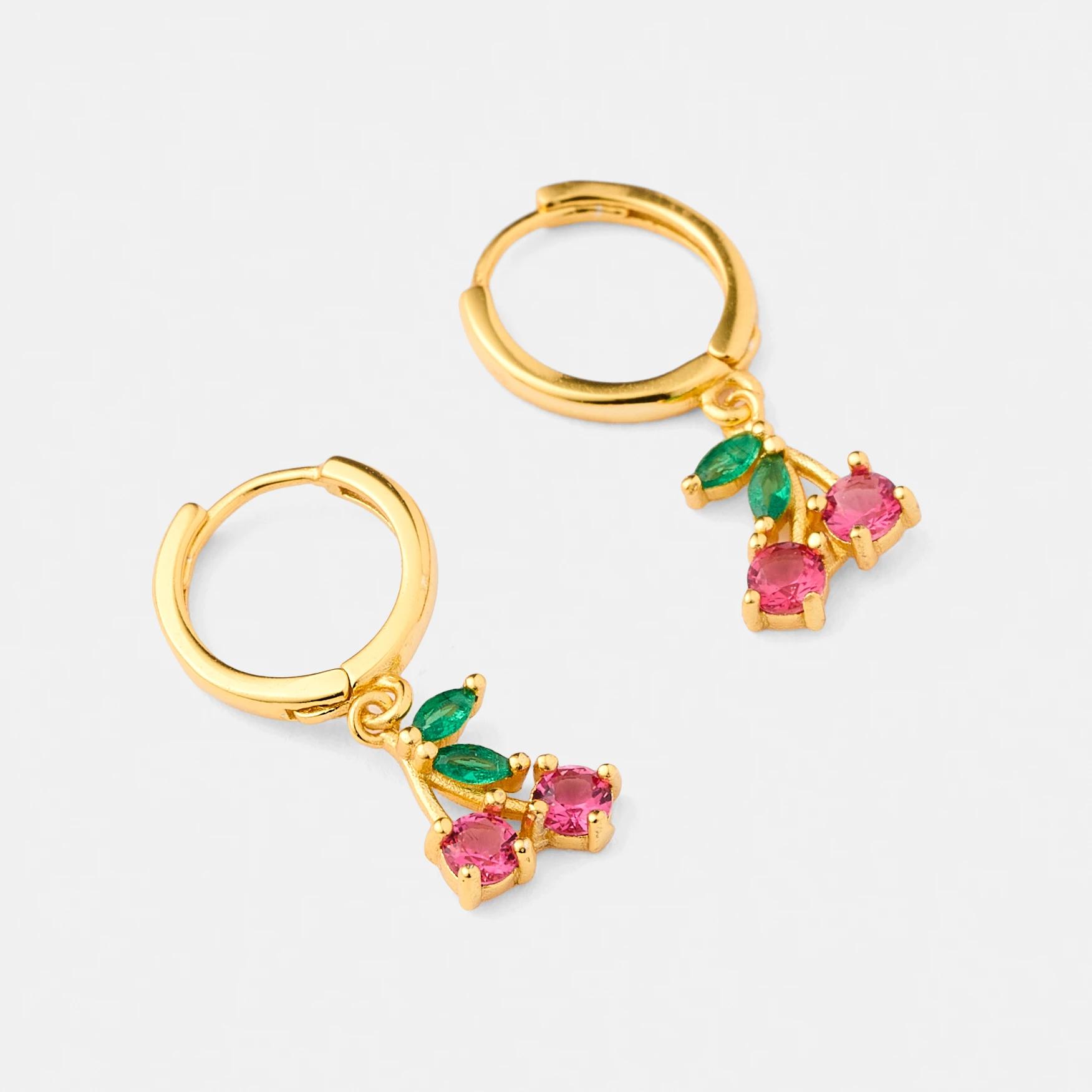 1 Cubic Zirconia Gold Plated Sterling Silver 925 Cherry Huggie Hoop Earrings Gold, 1 of 5