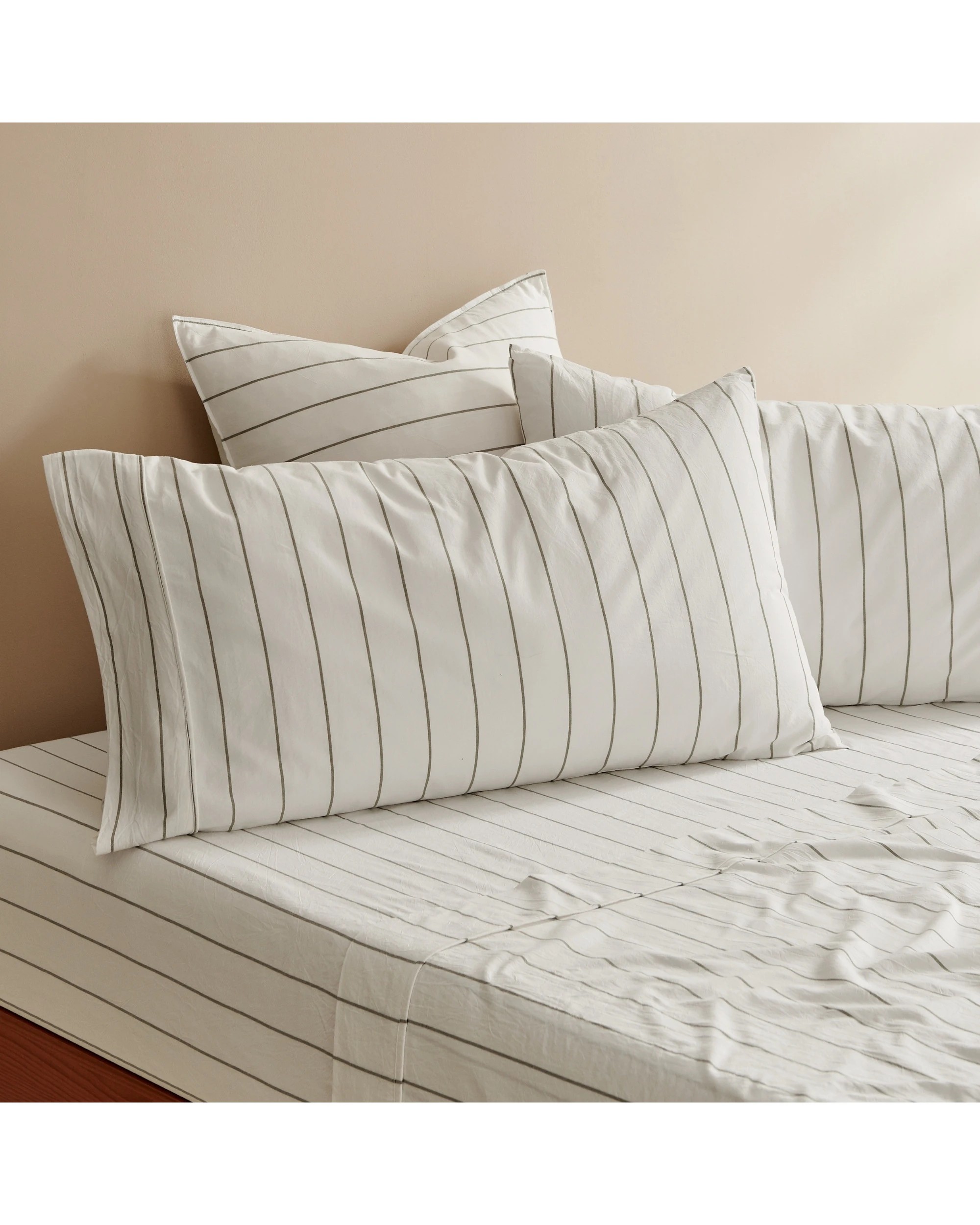 4 Dreamaker Rumi Stripe Washed Cotton King Pillowcase Twin Pack - White with Olive, 4 of 4