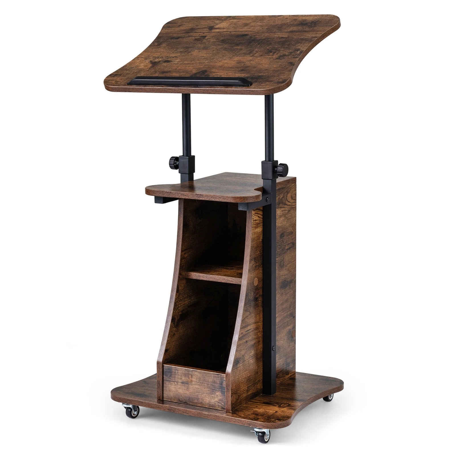 1 Costway Rolling Podium Stand Adjustable Lectern Table w/Tilting Tabletop - Brown, 1 of 5