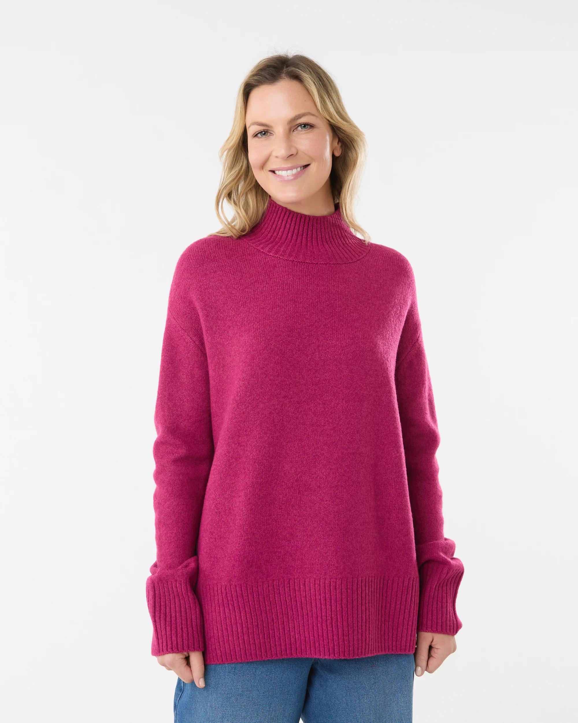 1 Funnel Split Hem Jumper Fuscia, 1 of 6