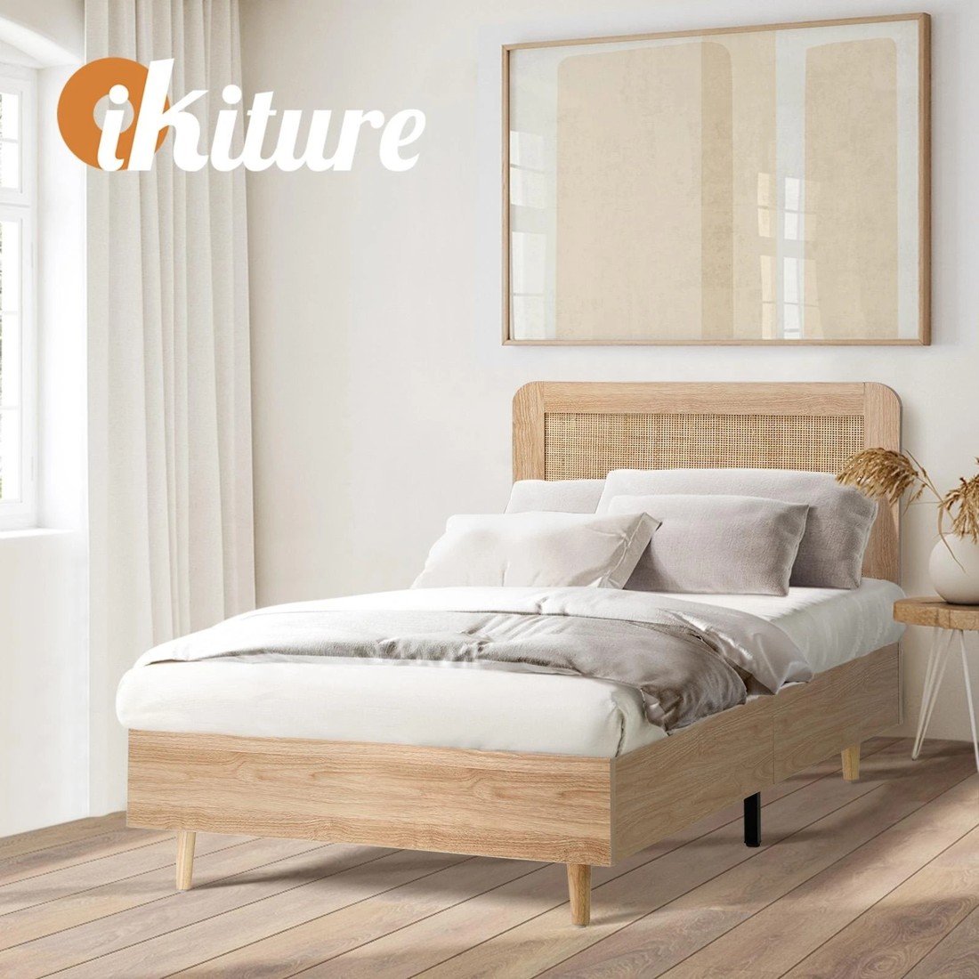 9 Oikiture Single Bed Wooden Bed Frame With Rattan Headboard
 - Natural, 9 of 10