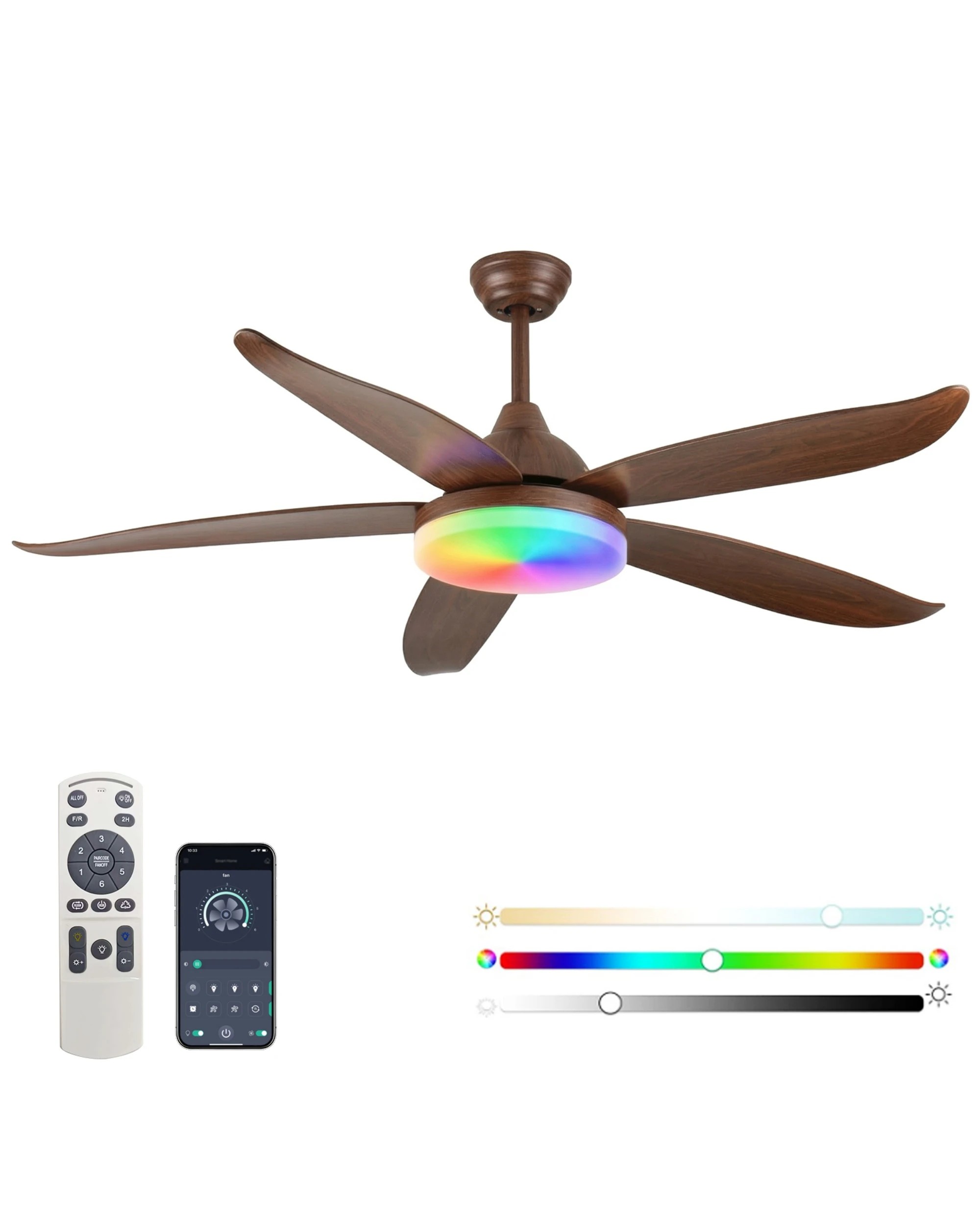 6 Advwin Ceiling Fans with  RGB Color Lights 6 Speeds Remote APP Control - Brown, 6 of 7