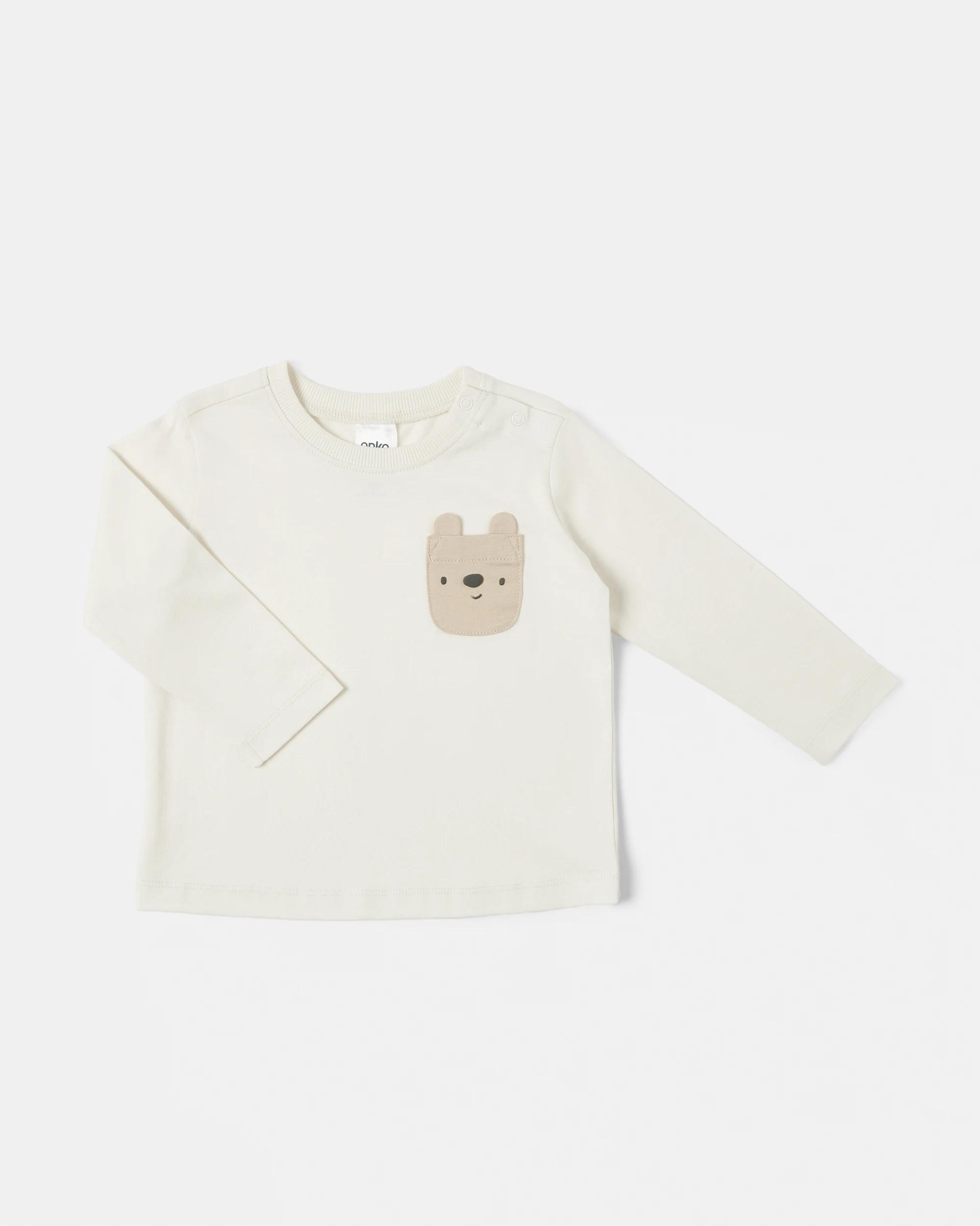 1 Cotton Long Sleeve Pocket T-shirt Brown Bear, 1 of 3