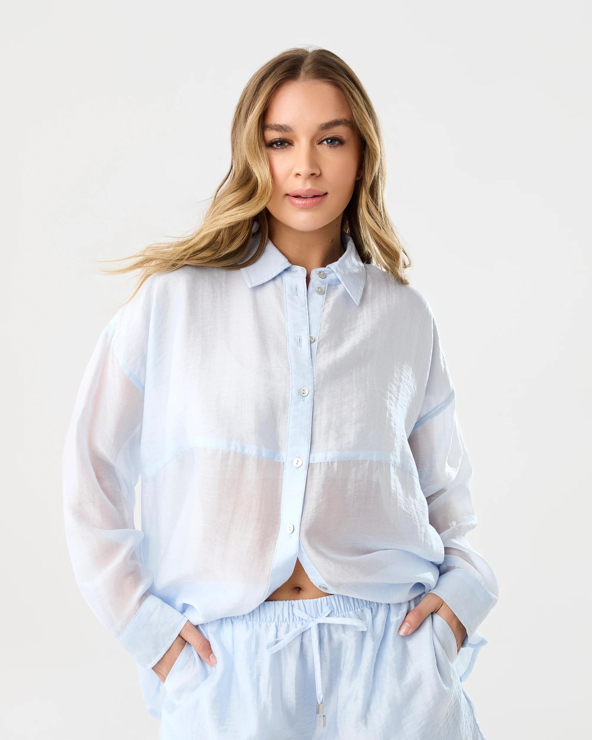 7 Long Sleeve Oversized Sheer Shirt Powd Blue, 7 of 10