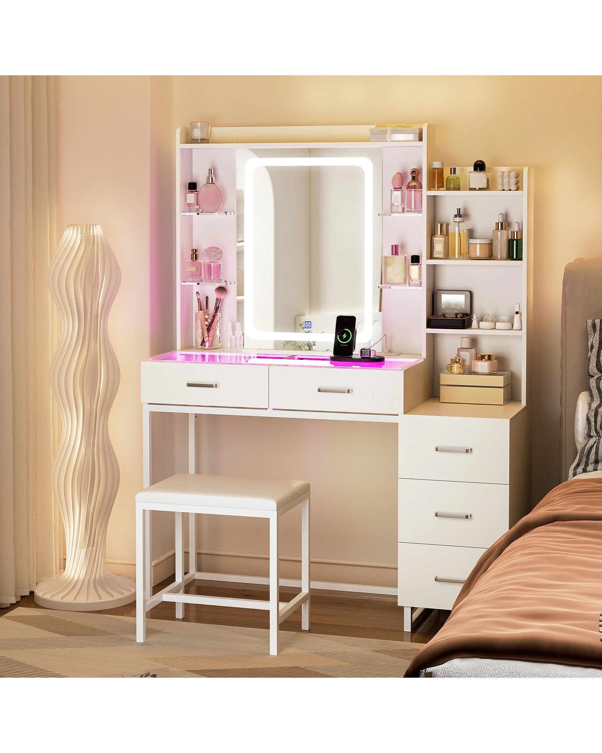3 Advwin Dressing Table Vanity Desk Glass Top Drawer Wireless Charging LED Light - White, 3 of 10