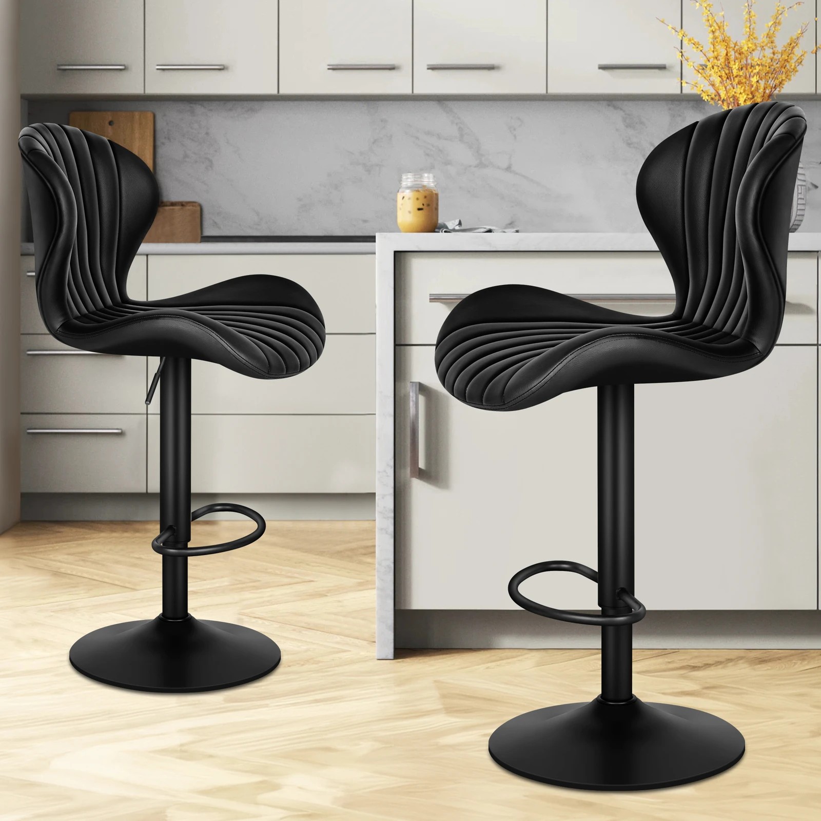 8 Alfordson 2x Bar Stools Gas Lift Leather Bar Chairs Kitchen Swivel Stella - Black, 8 of 10