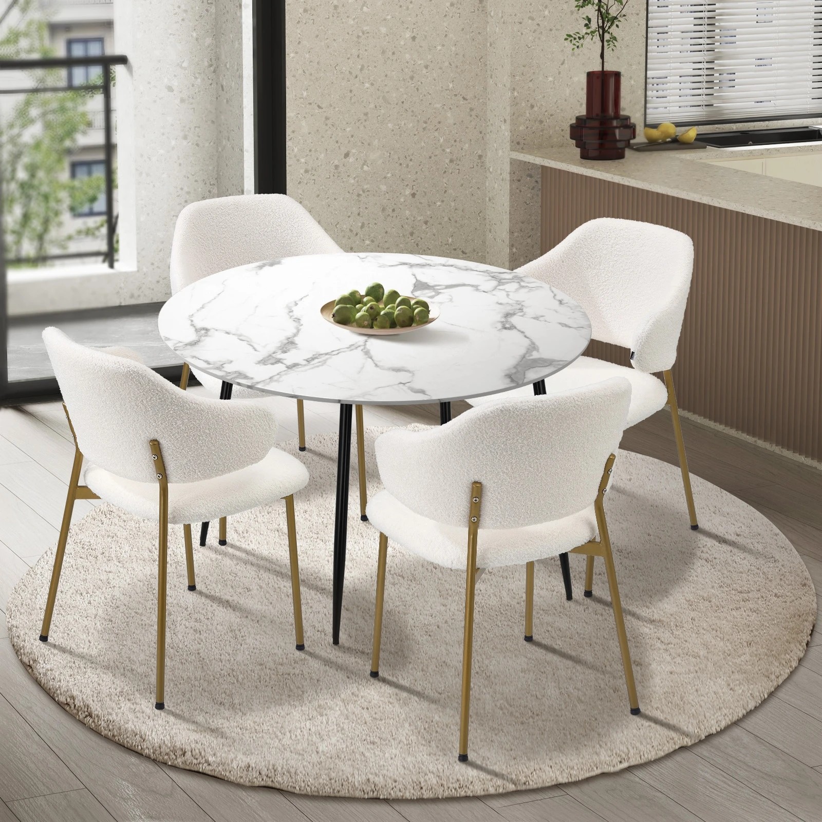 2 Oikiture 110cm Round Dining Table With 4pcs Dining Chairs Accent Sherpa Gold Metal Legs
 - Multi, 2 of 10