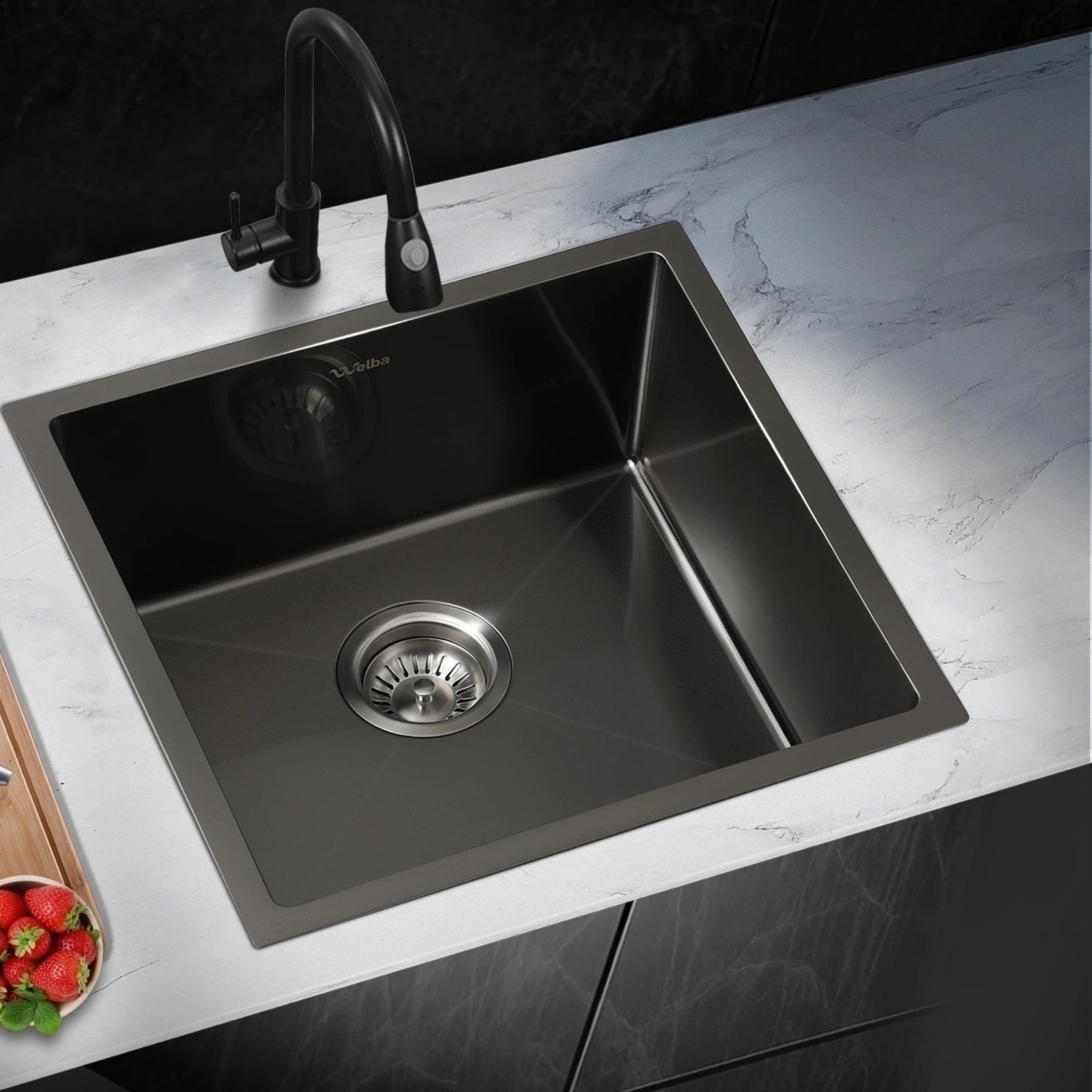 2 Welba Kitchen Sink 44X44CM Stainless Steel Single Bowl Basin With Waste - Black, 2 of 4