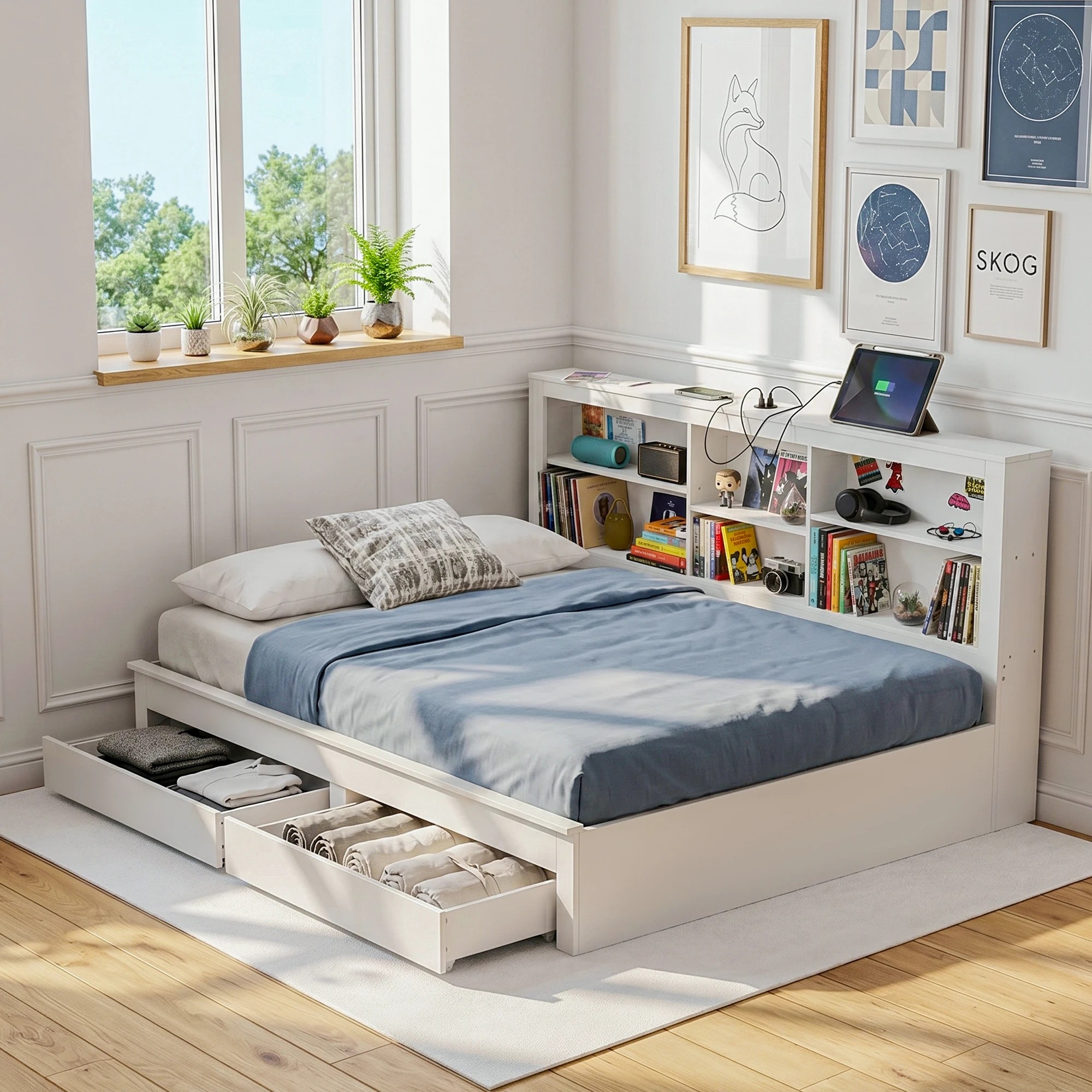 4 Artiss Solid Wood Double Platform Bed Frame with Storage Headboard, Charging Station and Drawers - White, 4 of 7