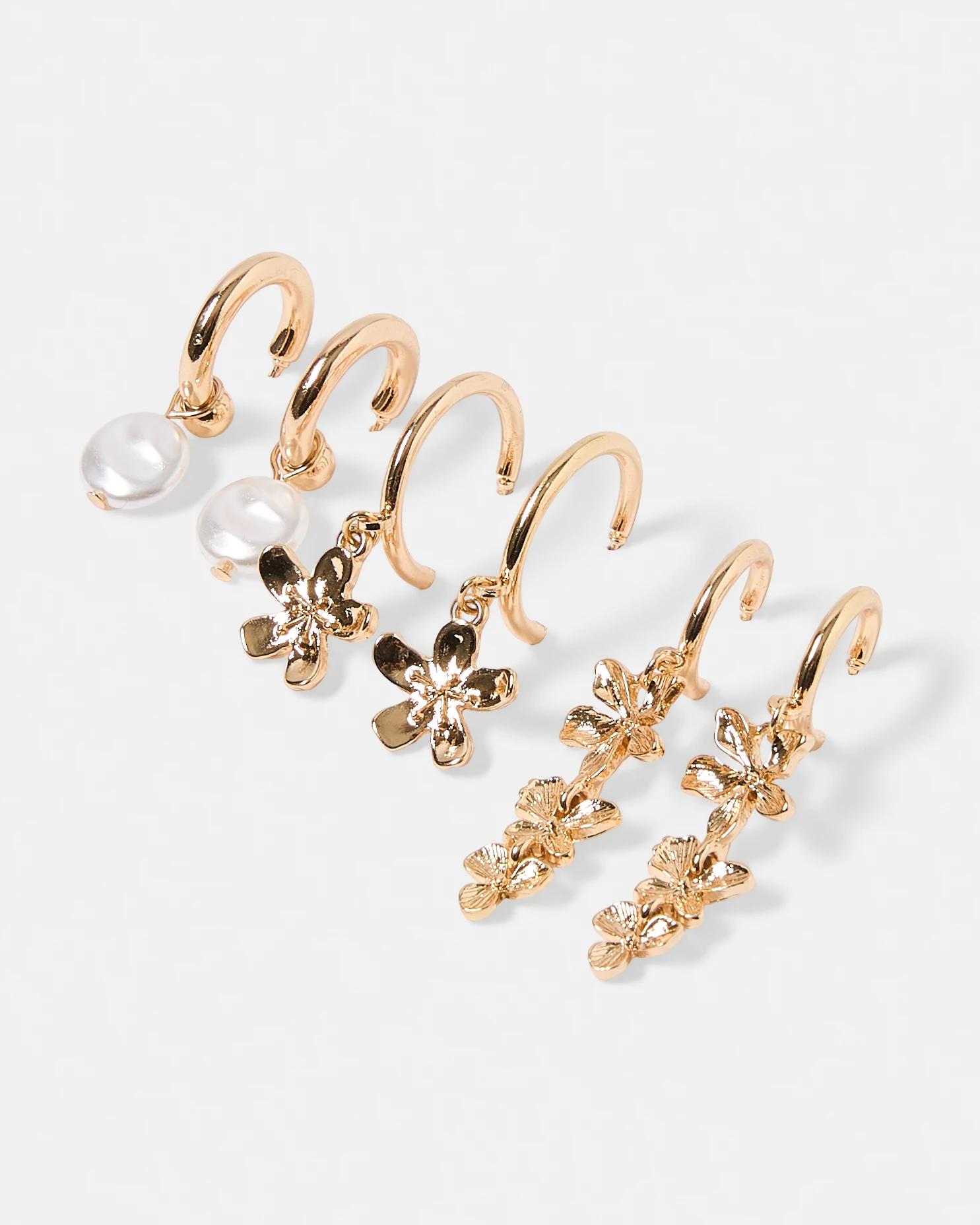 2 3 Pack Flower Hoop Earrings - Gold Tone Gold, 2 of 5
