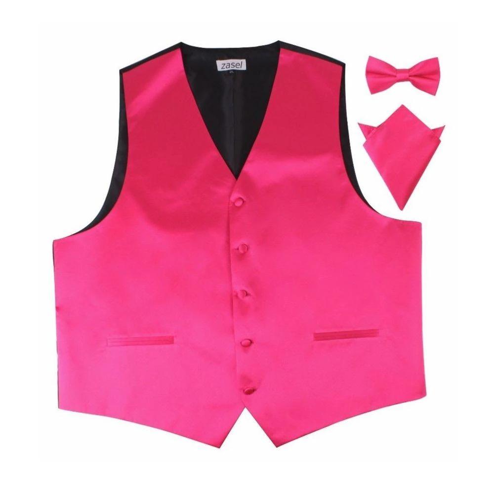 1 Zasel Mens Plain Vest Waistcoat & Matching Bow Tie & Pocket Square HOT PINK, 1 of 1