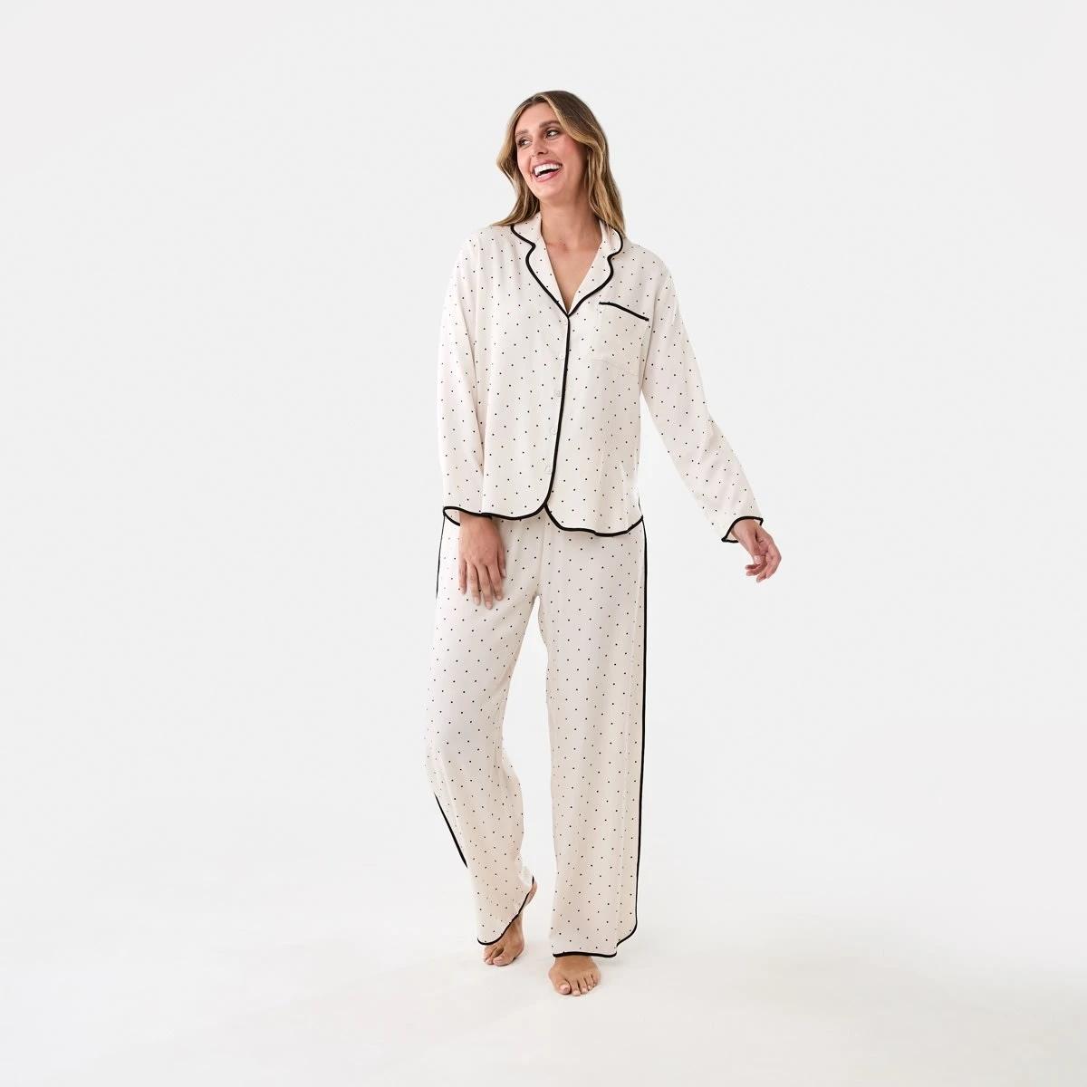 1 Matte Satin Long Sleeve Top and Pants Pyjama Set Pin Spot, 1 of 7