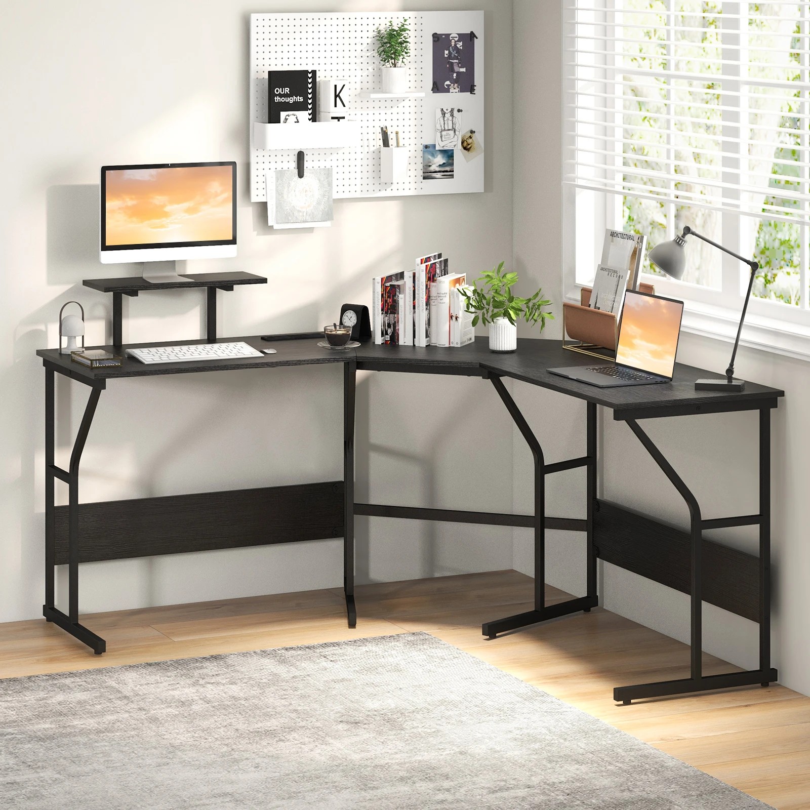 2 Costway Corner Computer Desk Table L-Shape Study Table w/Power Outlet, 2 of 4