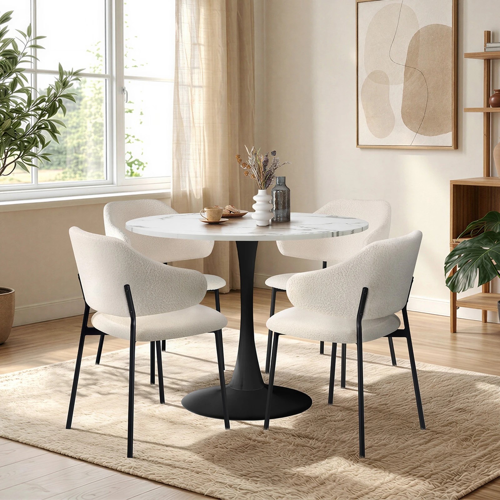 4 Oikiture 5PCS Dining Table Set Round Table Sherpa Dining Chairs -White&Black, 4 of 9