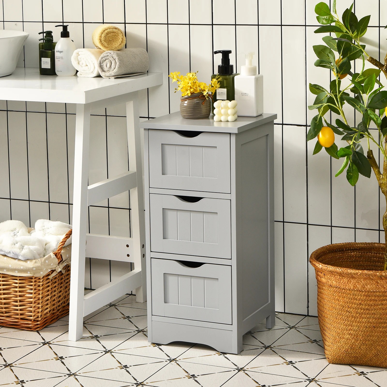 3 Costway 3-Drawers Storage Cabinet Freestanding Beside Table - Grey, 3 of 5
