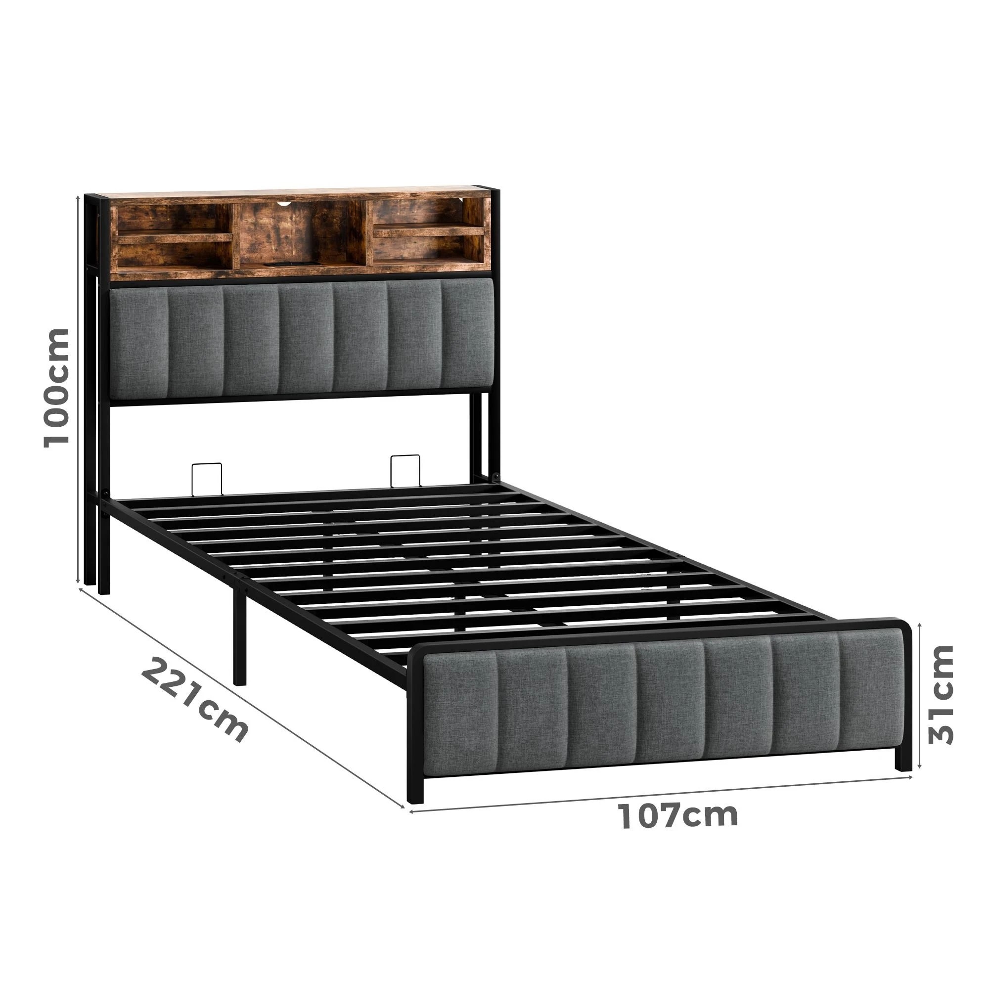 3 Alfordson Bed Frame King Single LED Charging Station Linen - Grey, 3 of 10
