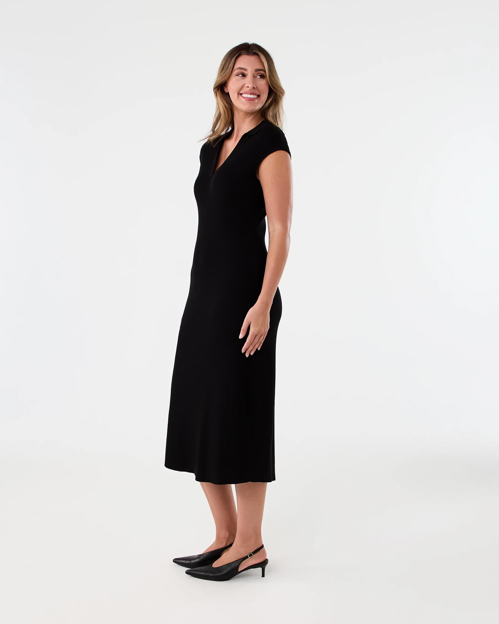 2 Short Sleeve True Knit Collared Midi Dress Black, 2 of 5