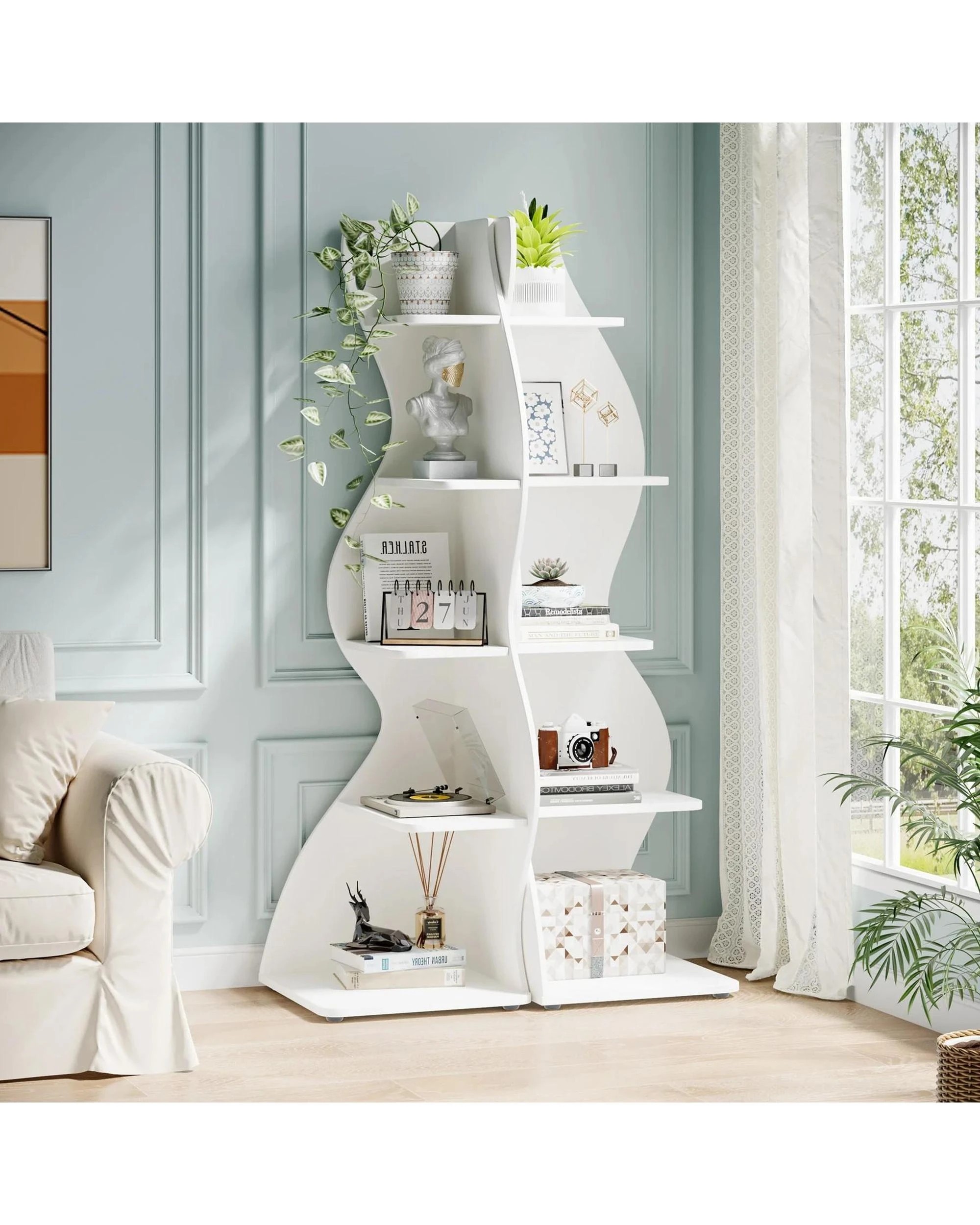4 OAKORY 178cm Corner Shelf with Unique Wave Shape & Adjustable Shelves Rounded Corners Design for Living Room, 4 of 6