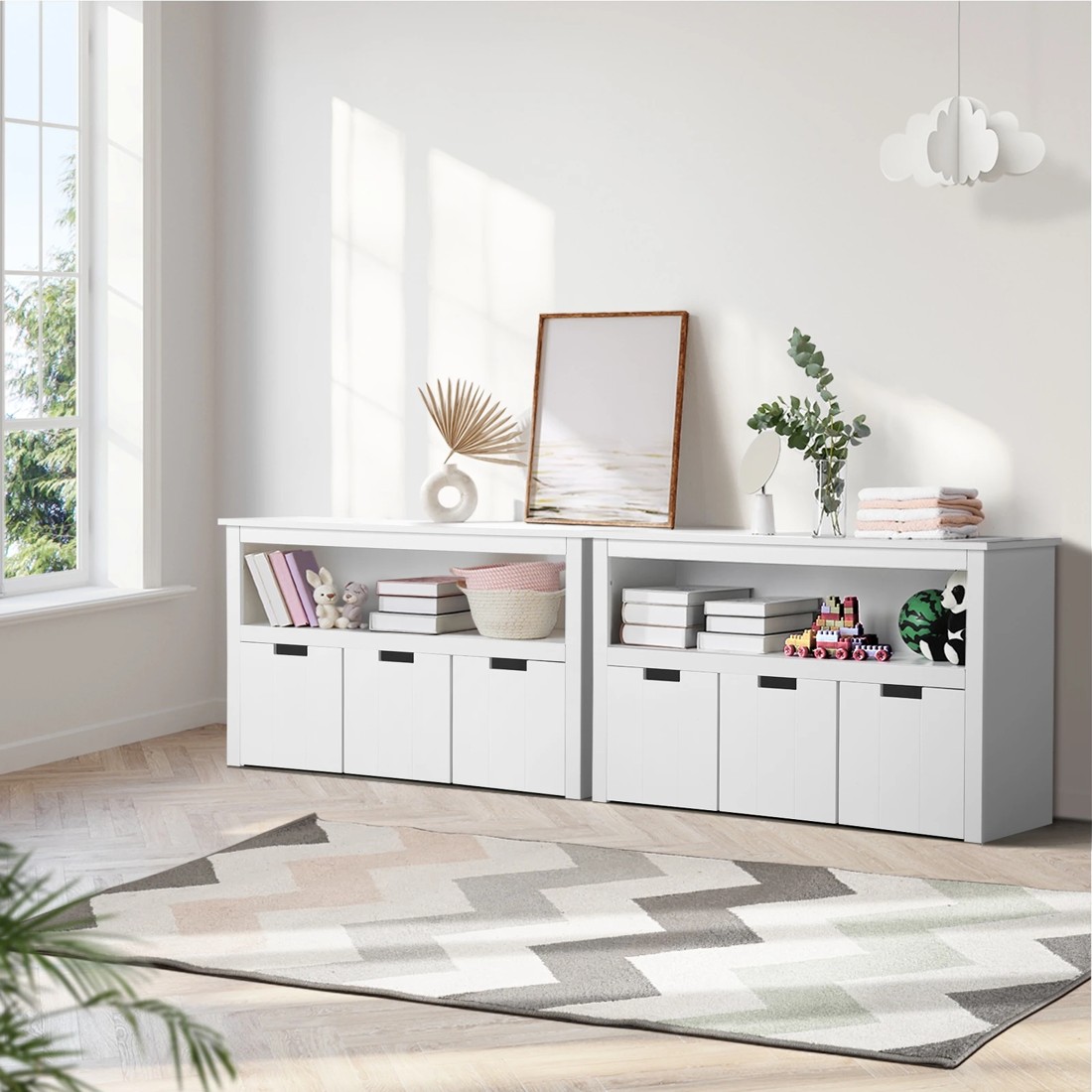 9 Oikiture Wooden Kids Toy Storage Cabinet Bookshelf With Portable Storage Box
 - White, 9 of 10