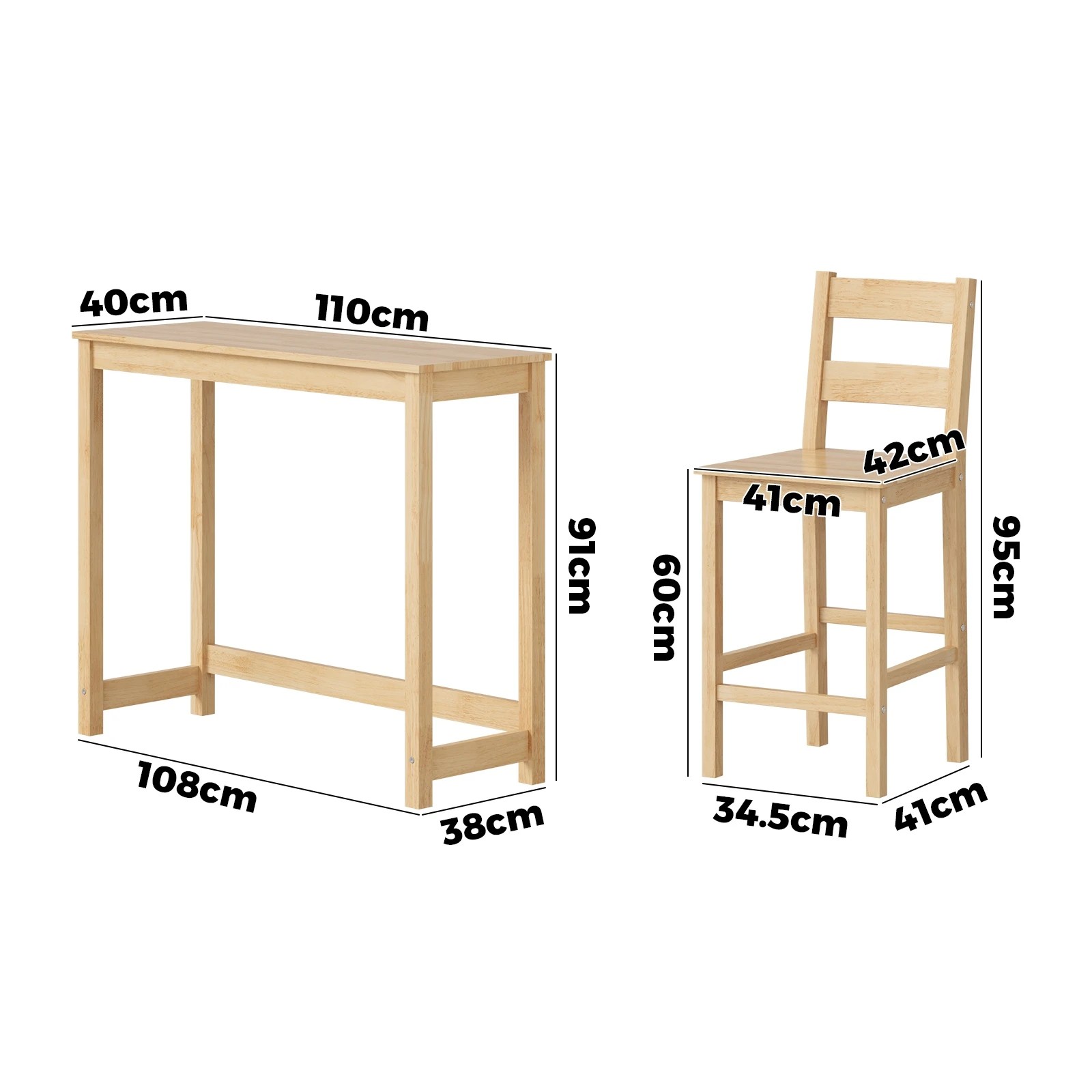 10 Oikiture 3pcs Bar Table Set 2 Stools Chairs Kitchen Dining Cafe Tables
 - Natural, 10 of 10