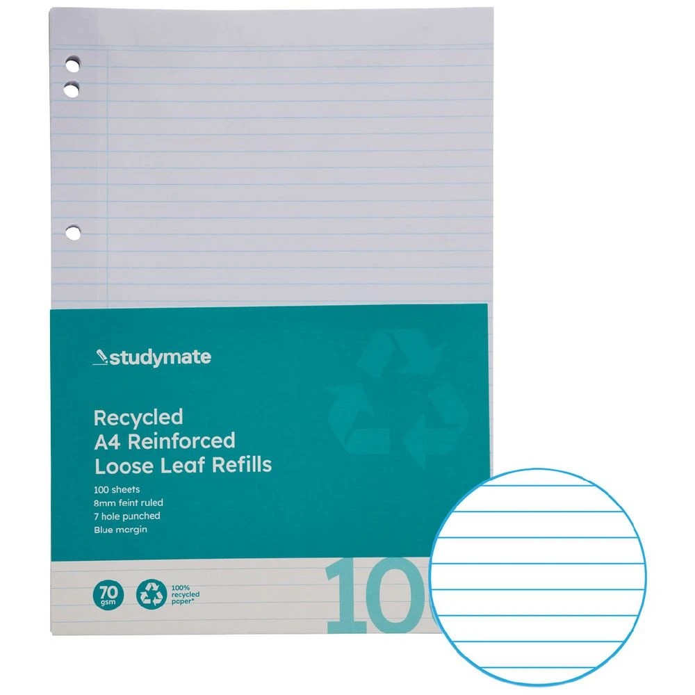 1 Studymate A4 8mm Ruled Recycled Loose Leaf Refills 100 Pack, 1 of 4