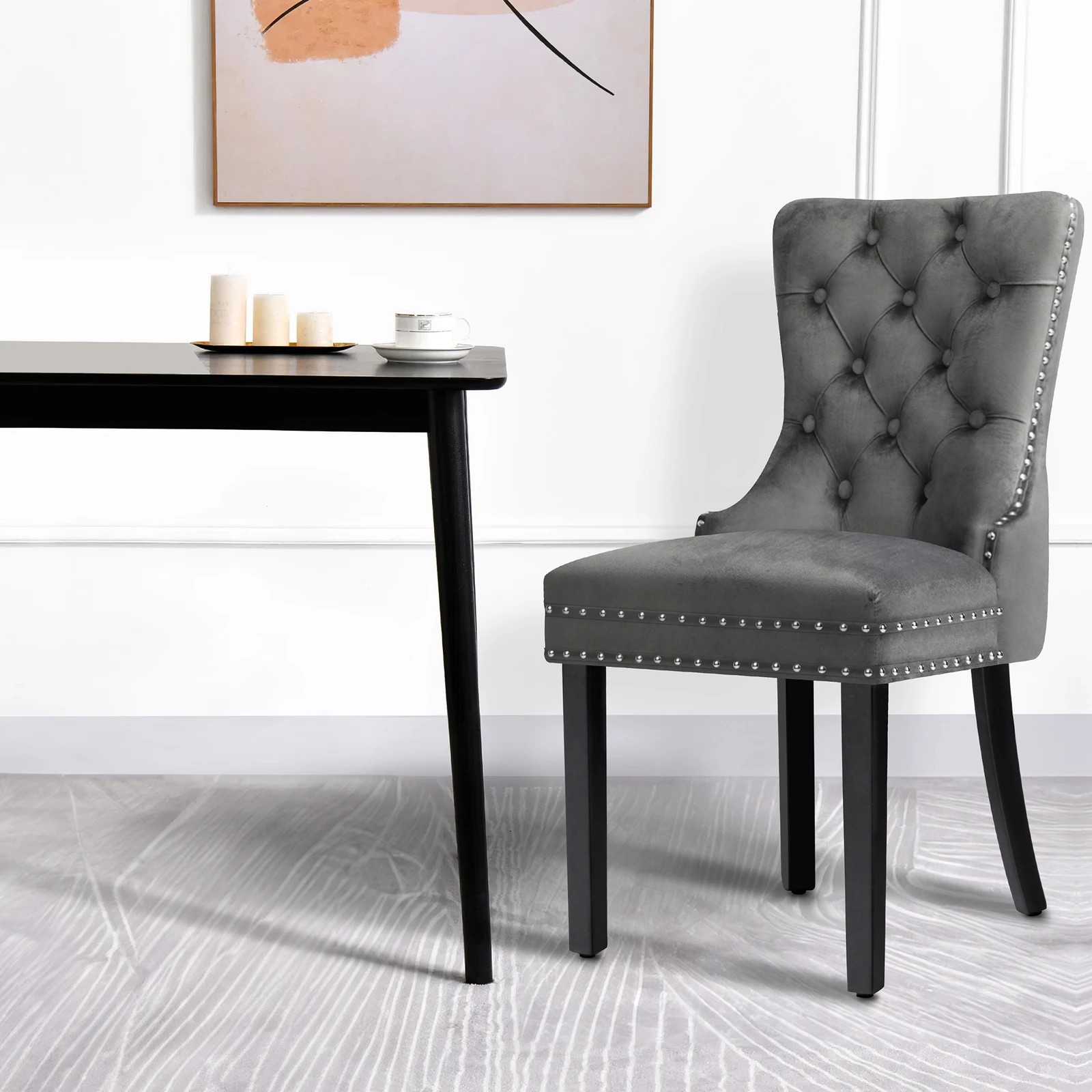 4 Alfordson 2x Dining Chair Kitchen Lounge Retro Button Tufted Wooden Velvet - Grey, 4 of 10