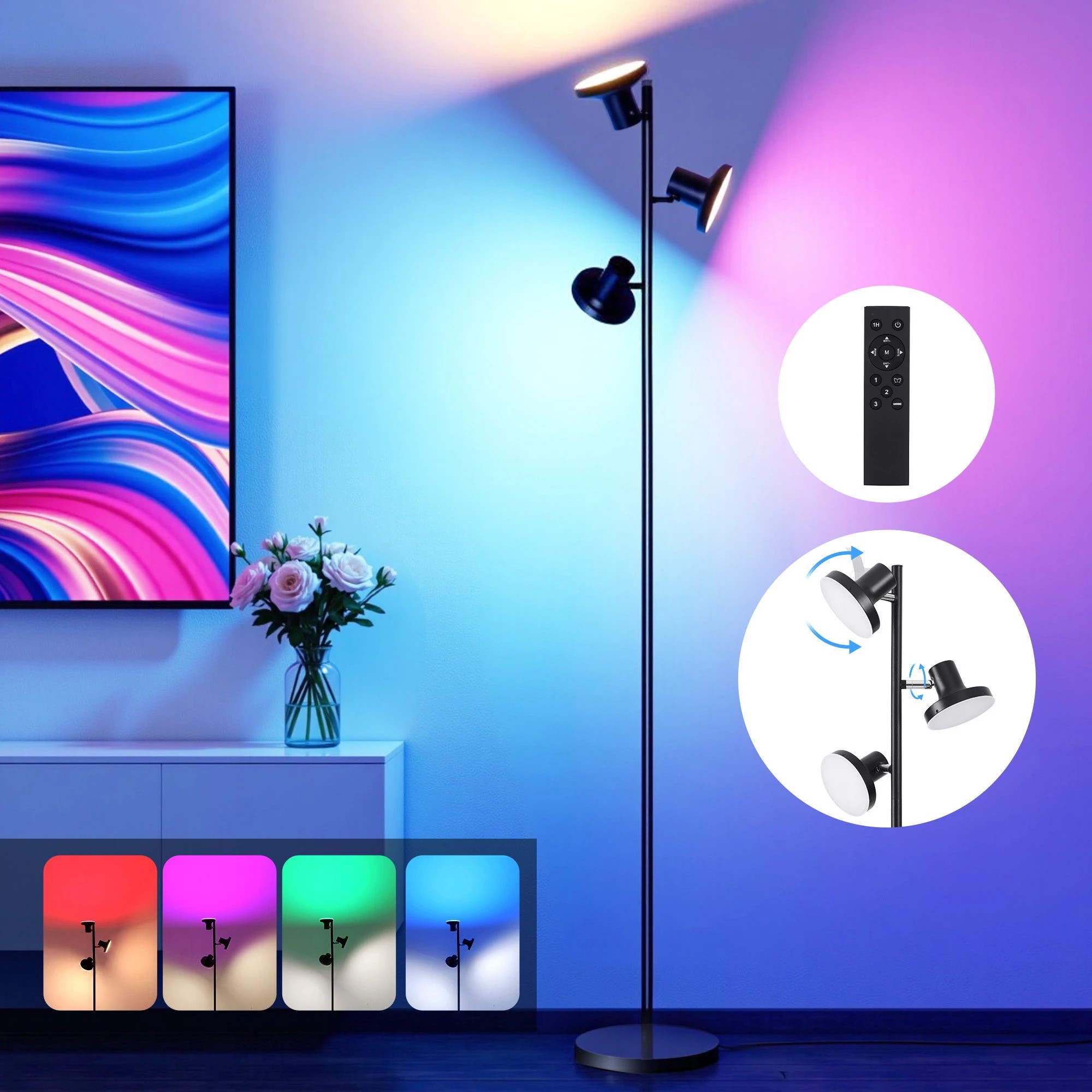 2 Artiss RGB Floor Lamp LED with 3 Swivel Lights Color Changing Lamp with Remote Stepless Dimmable - Black, 2 of 9