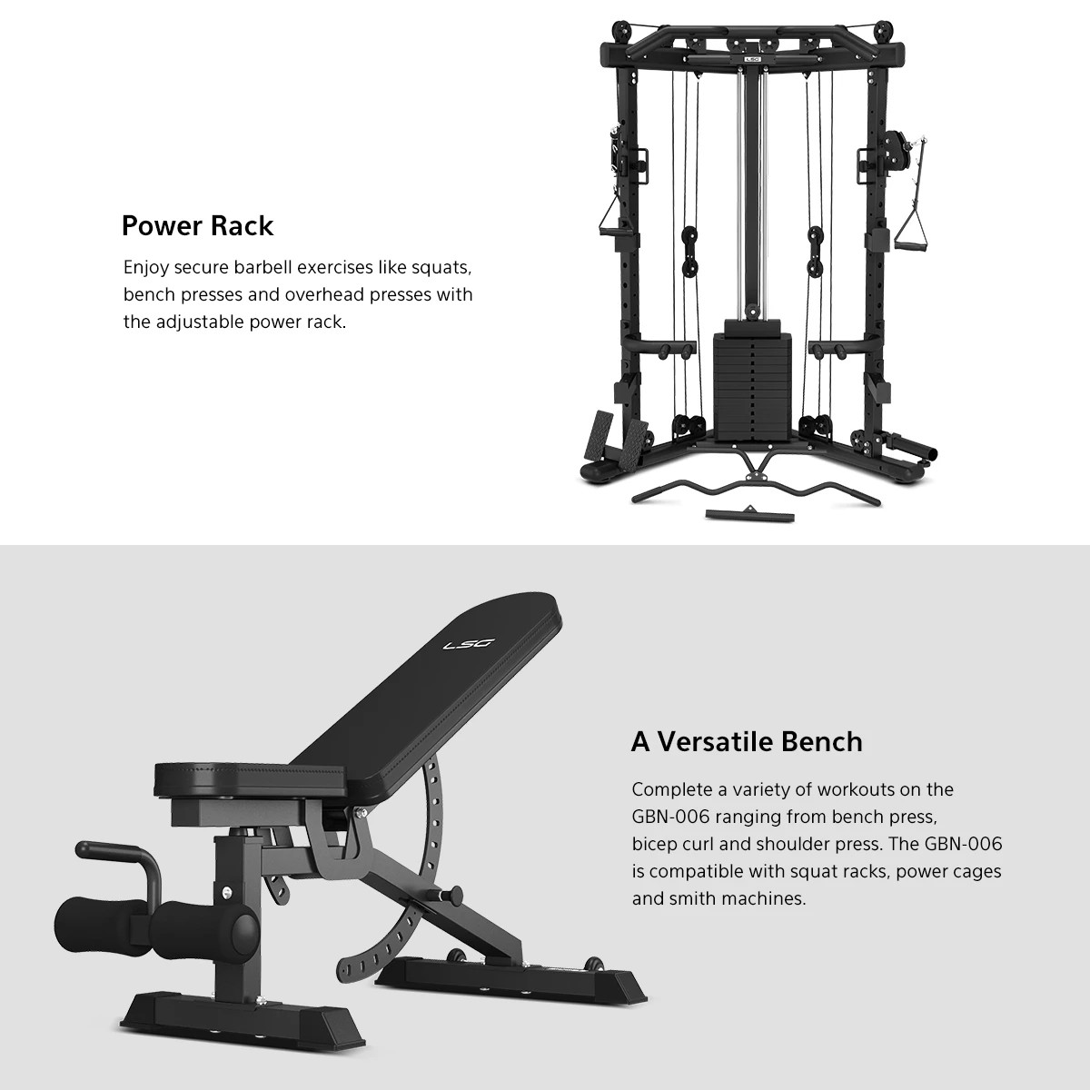 6 LSG GRK-110 Space Saving Multi-Function Rack with 74kg Cable Crossover, FID Bench, 90kg Standard Weight Package - Black, 6 of 10