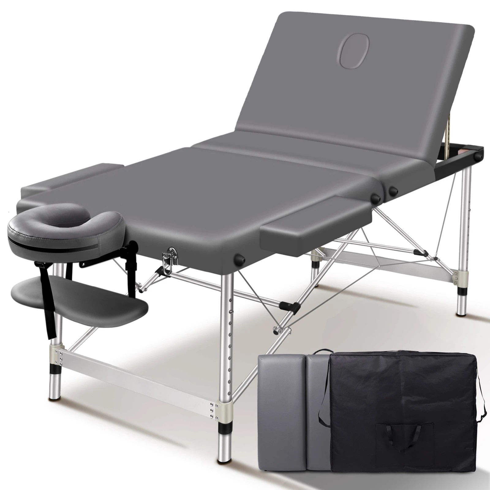 1 Alfordson Massage Table 3 Fold 75cm Foldable Portable Aluminium Lift Up Bed Desk - Grey, 1 of 4