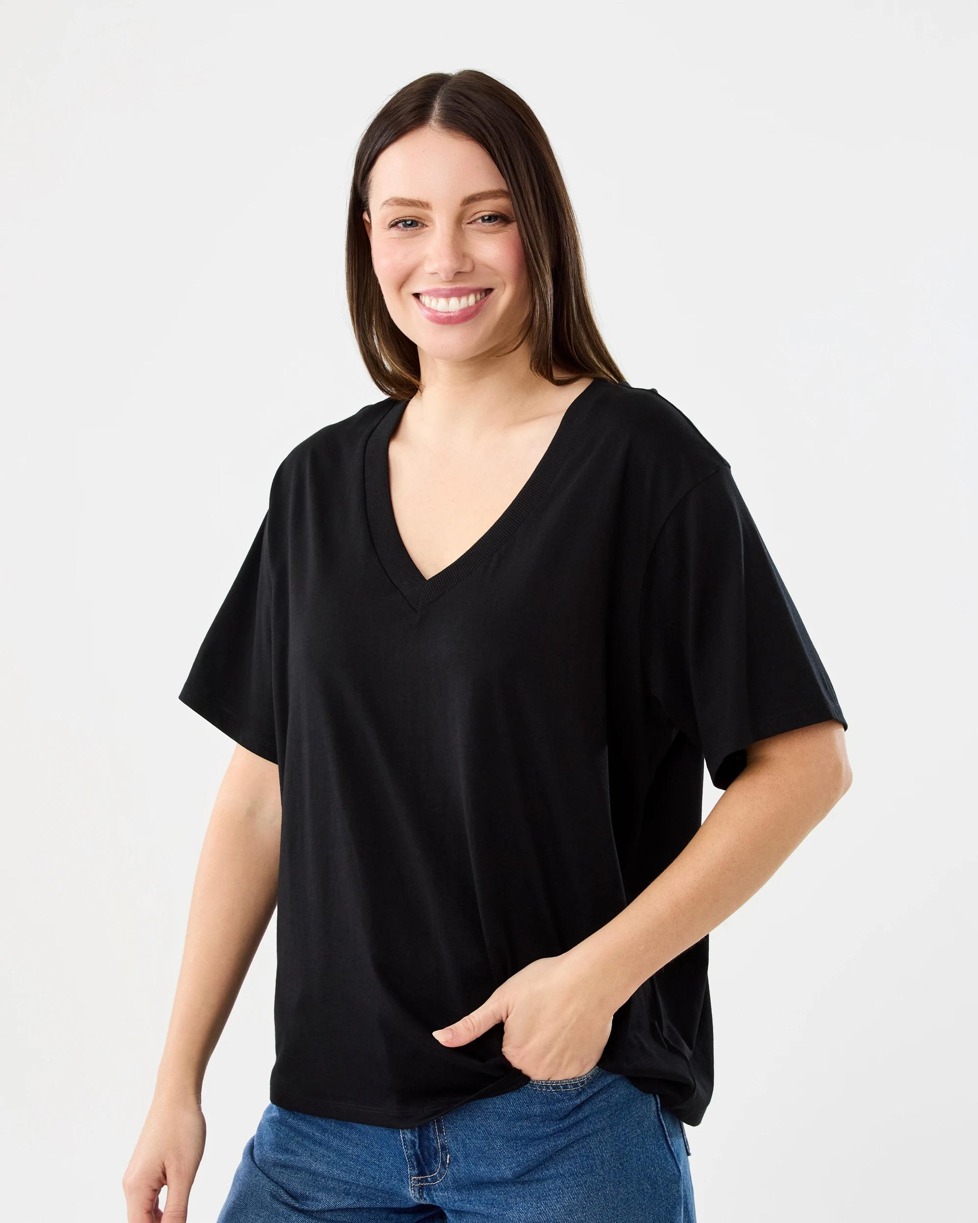2 Short Sleeve Cotton Modal V-Neck T-shirt Black, 2 of 5
