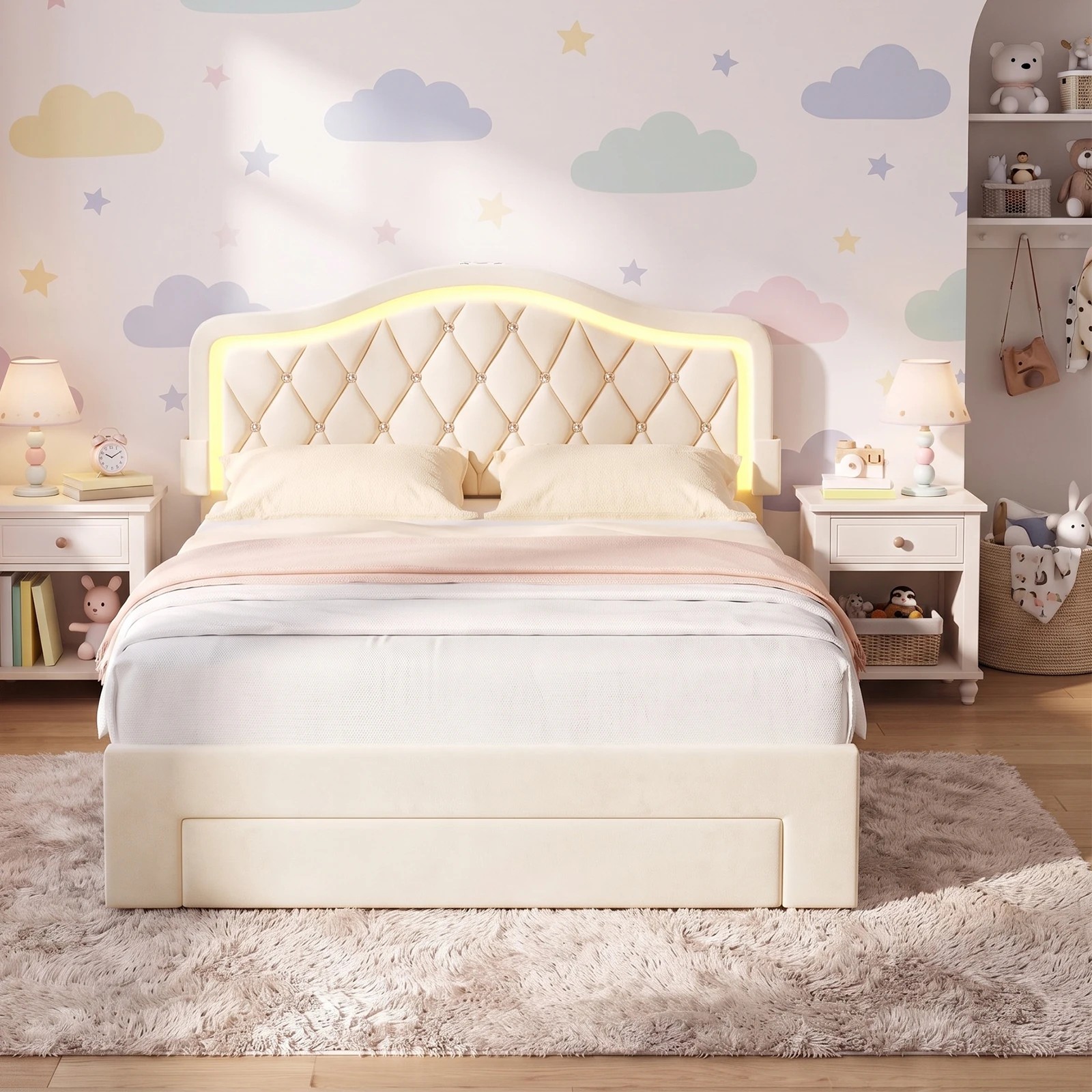 9 Advwin LED Velvet Bed Frame with Adjustable Headboard and Storage Drawer Double - Beige, 9 of 9