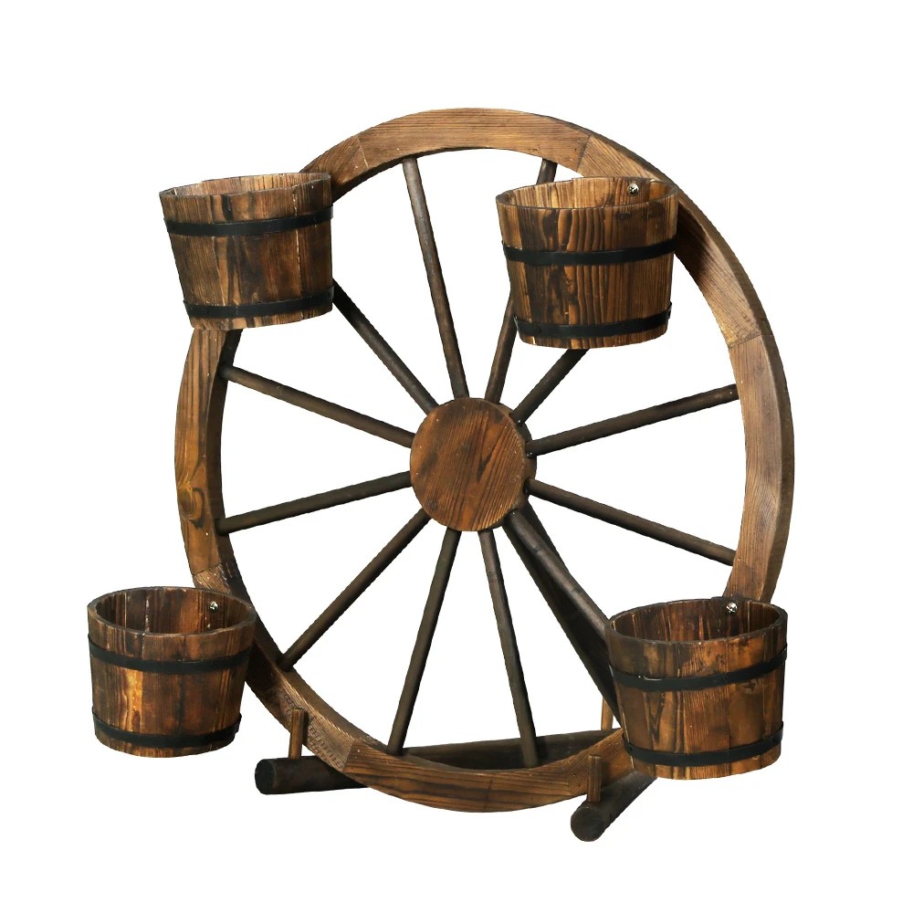 1 Gardeon Garden Decor Plant Stand Outdoor Ornament Wooden Wagon Wheel - Brown, 1 of 6