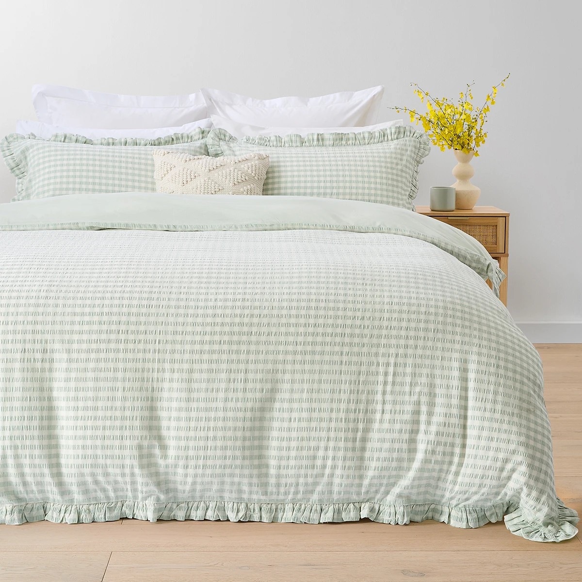 1 Gingham Ruffle Cotton Quilt Cover Set - Super King Bed, Sage, 1 of 6