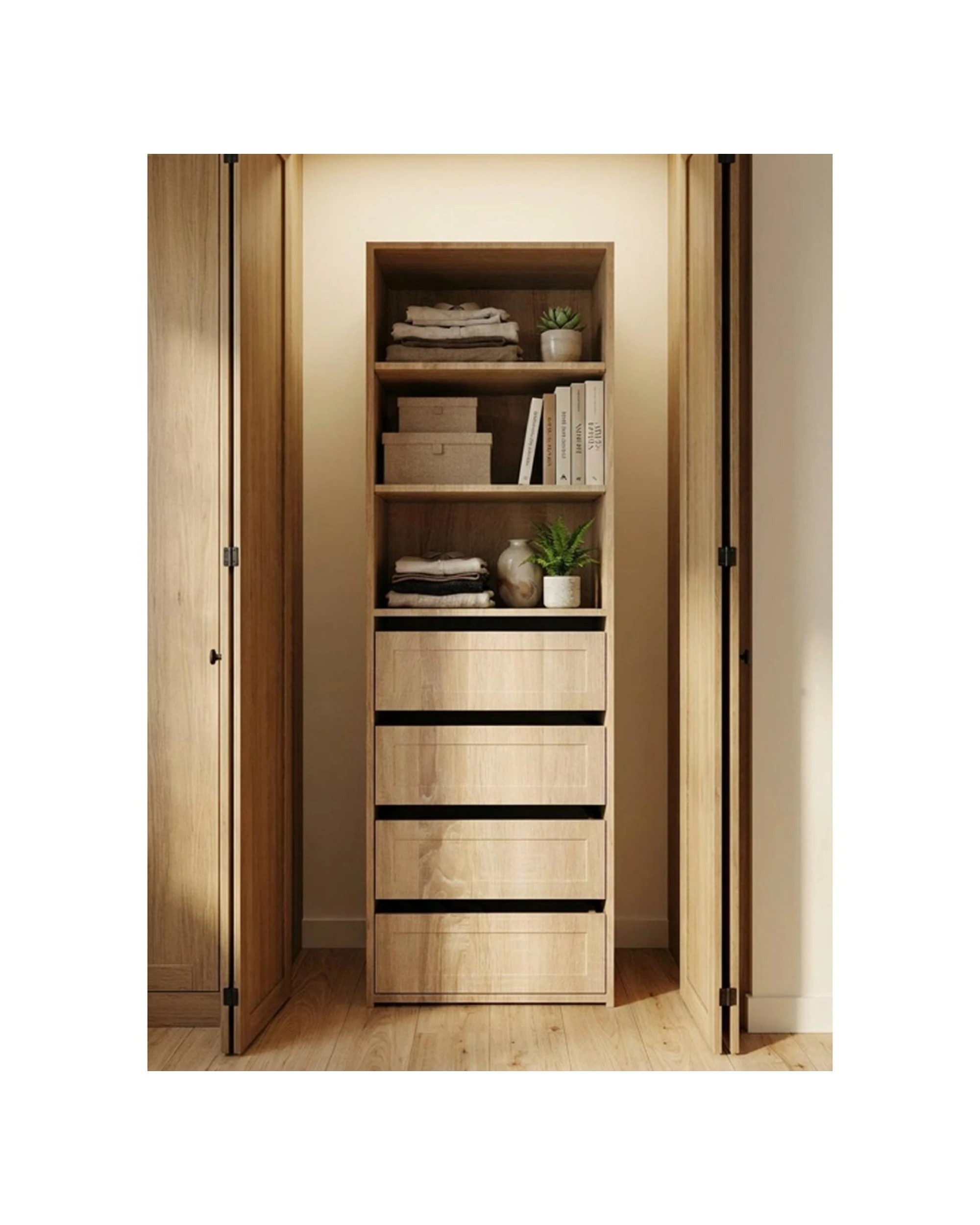 2 European Cabinetry Geneva Built In Wardrobe 4 Drawer 3 Shelf Module Hamptons Oak - Natural, 2 of 2