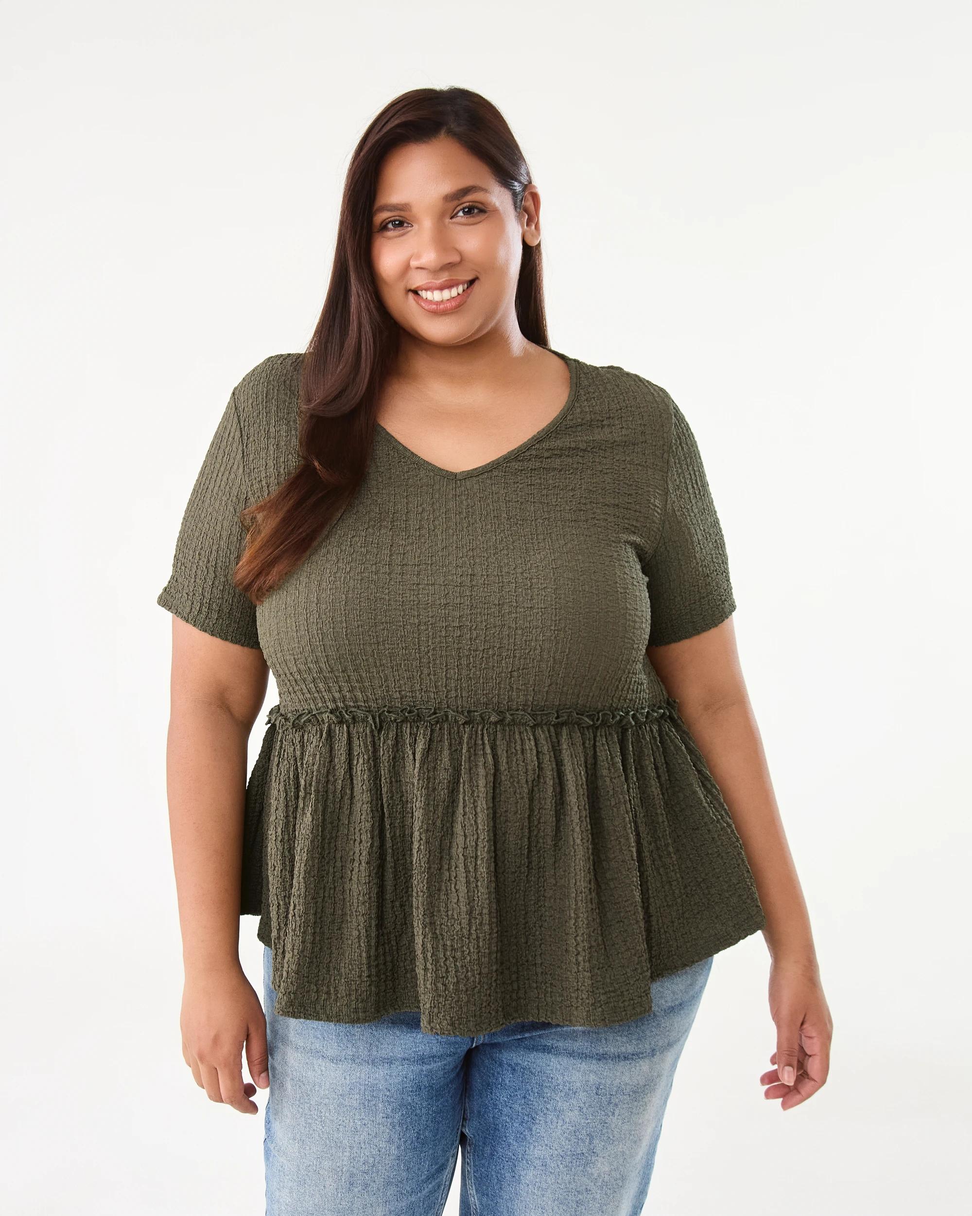 1 Curve Short Sleeve Textured Peplum Top Deep Olive, 1 of 7