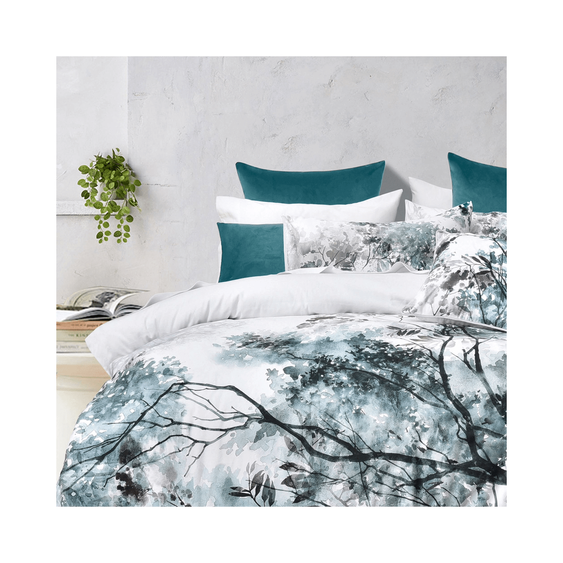 3 Bianca Bedding Sherbrooke Quilt Cover Set, Cotton Sateen White with Teal Print, Queen
 - Queen Bed
 - white, 3 of 4