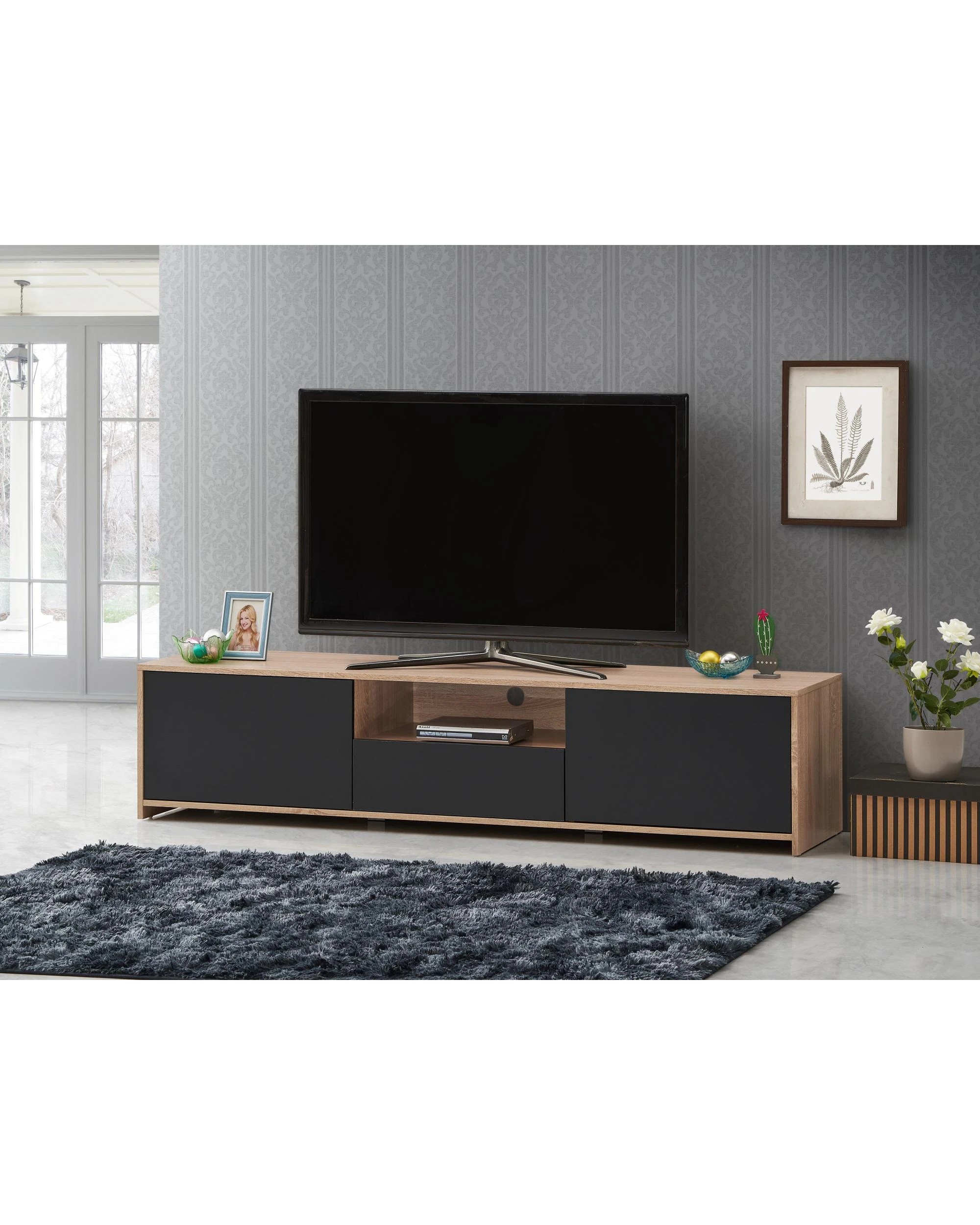 2 Kodu Lesley Entertainment Unit TV Cabinet Lowline TV Stand 180cm 2 Doors 1 Drawer - Natural, 2 of 6