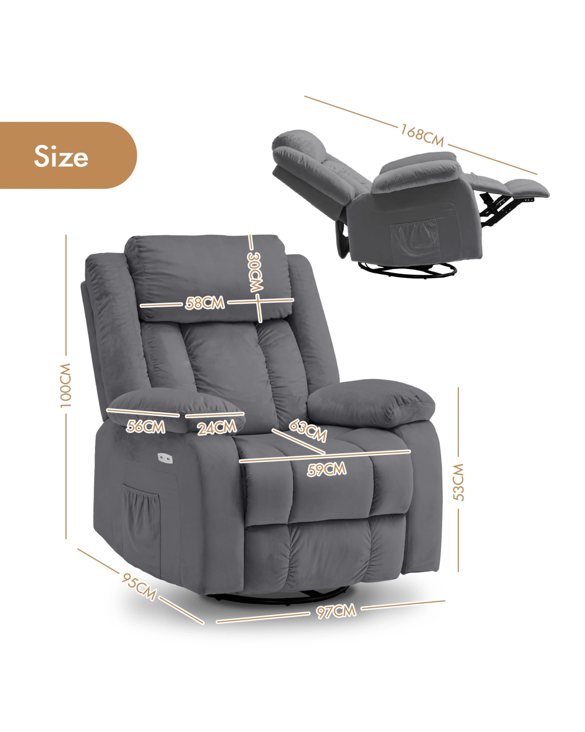 2 Advwin Recliner Chair Electric Heat Massage Chair Lounge Armchair Rotatable Velvet Grey, 2 of 8