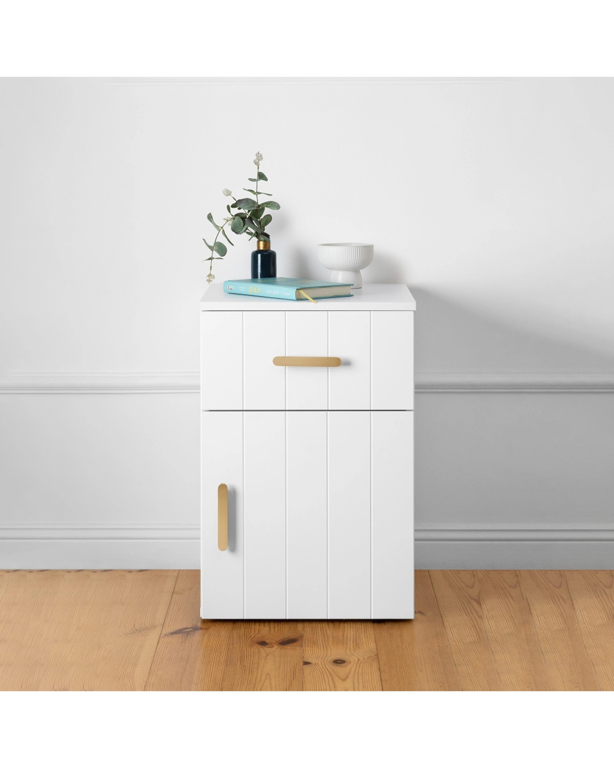 3 European Cabinetry Porto VJ Panel Front Bedside Table Brass Oval Handle - White, 3 of 4