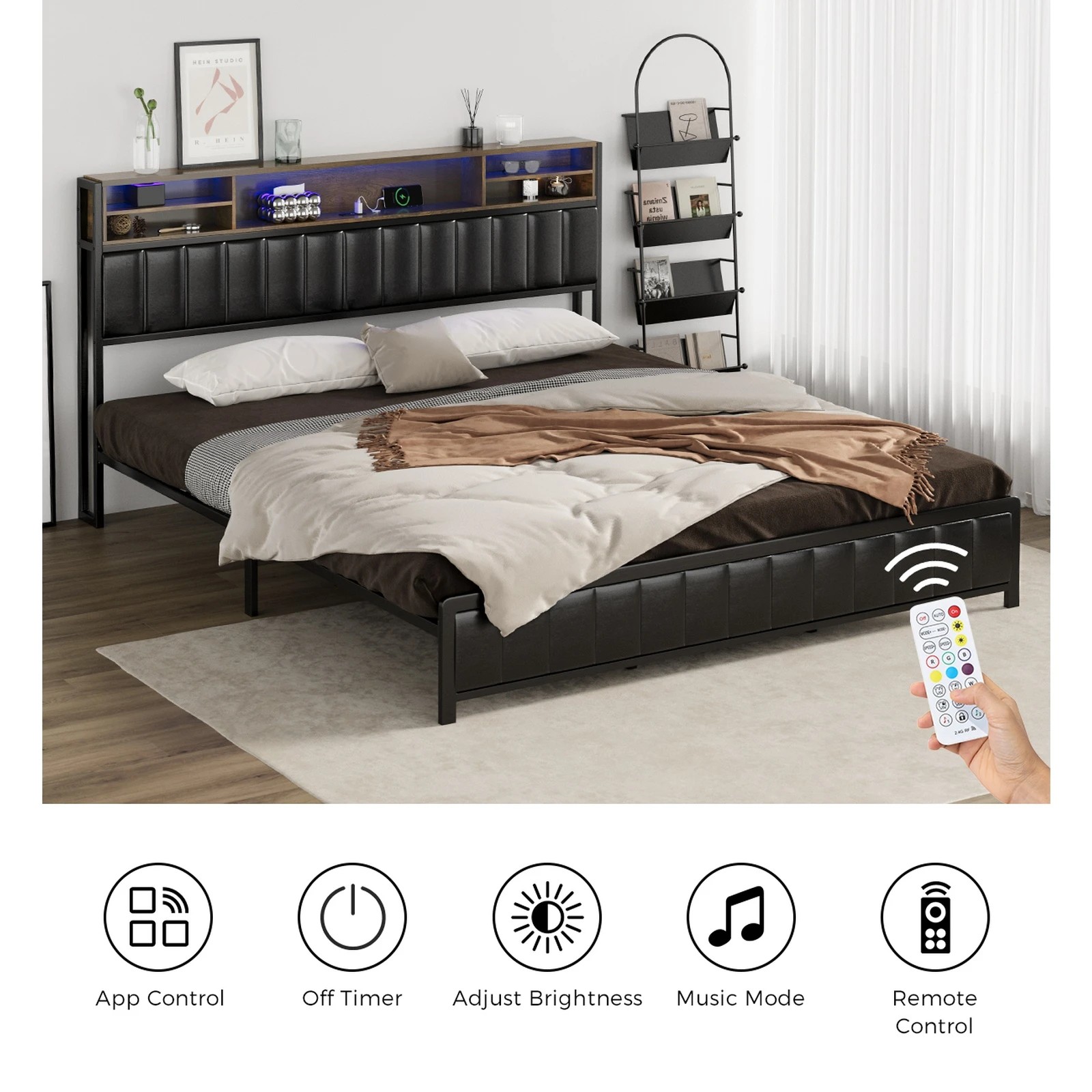 5 Oikiture Bed Frame King Single Size LED Storage Headboard With USB Charge - Black, 5 of 9