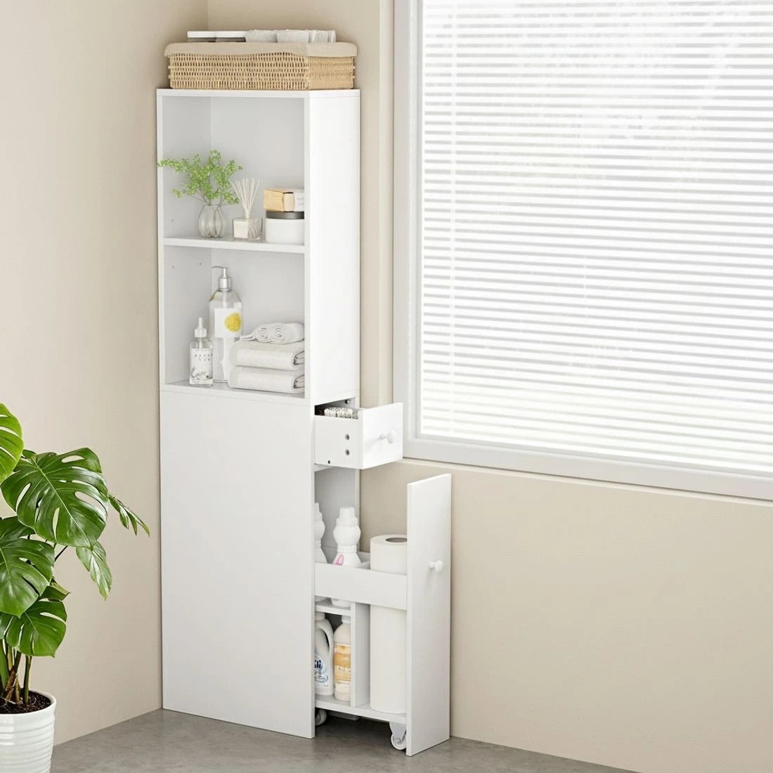 4 Artiss Bathroom Cabinet Storage Slim Organiser Drawer Toilet Corner 135cm - White, 4 of 7